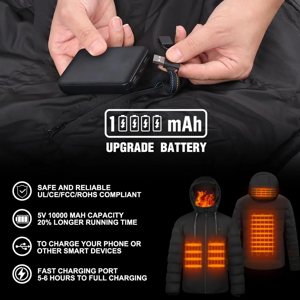 Chaqueta Calefactable 10000mAh 3 Niveles de Calefacción con Capucha para Hombre Mujer Esquí Trabajo