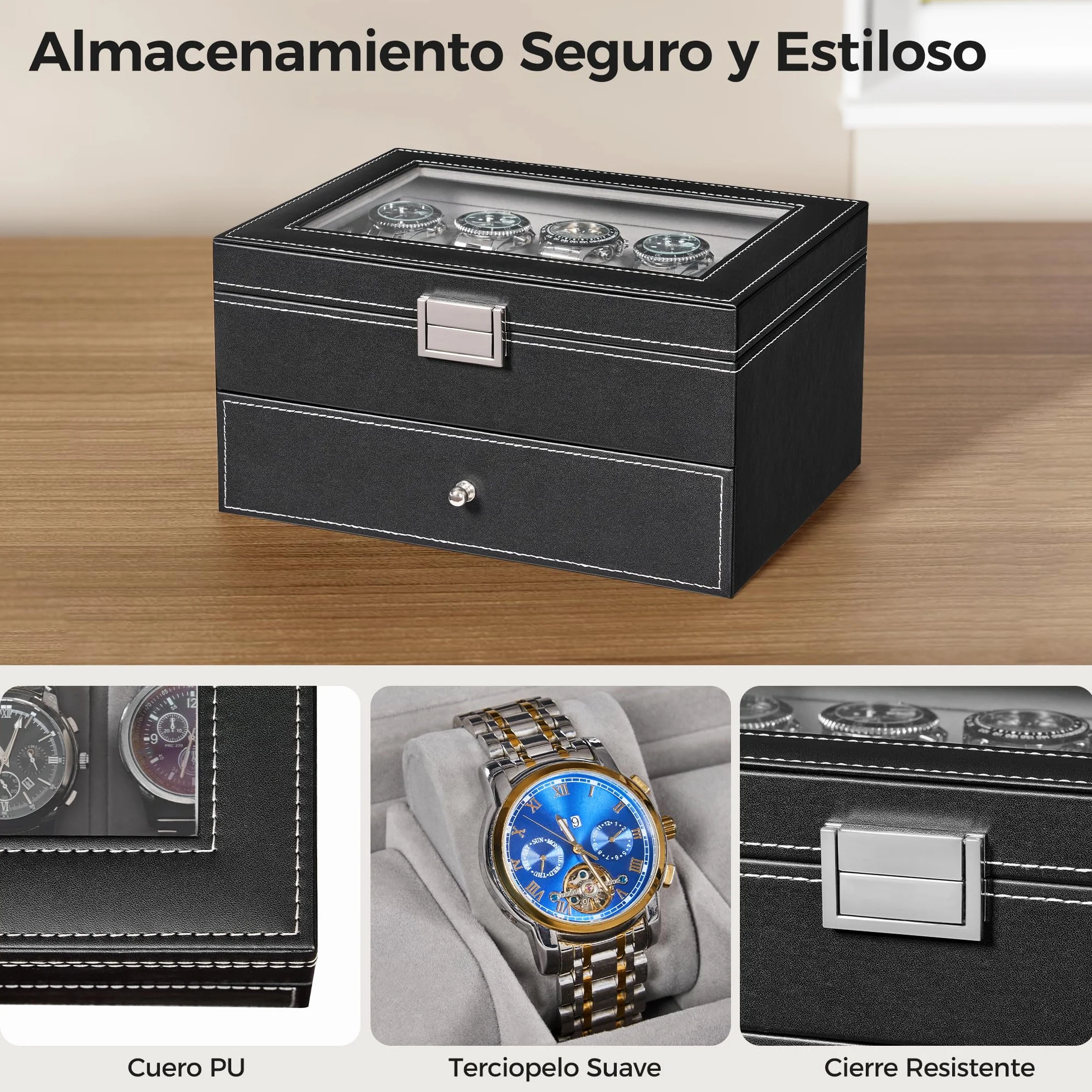 BEWISHOME Caja de Relojes 20 Compartimentos Estuche Tapa Cristal Negro ESSH04B