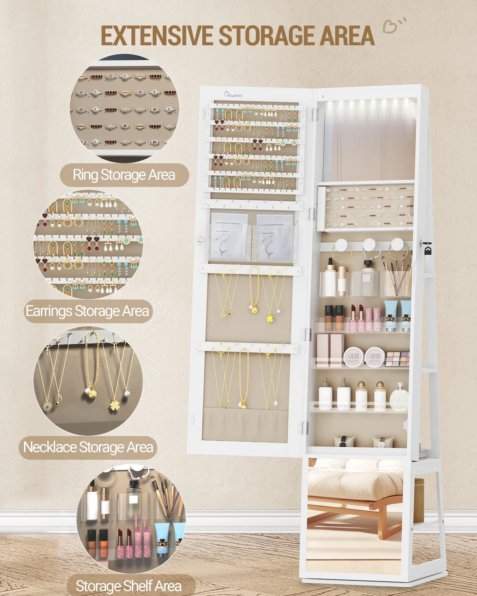 Espejo Joyero con 8 LEDs y Giro 360°, Armario de Almacenaje Blanco Beige