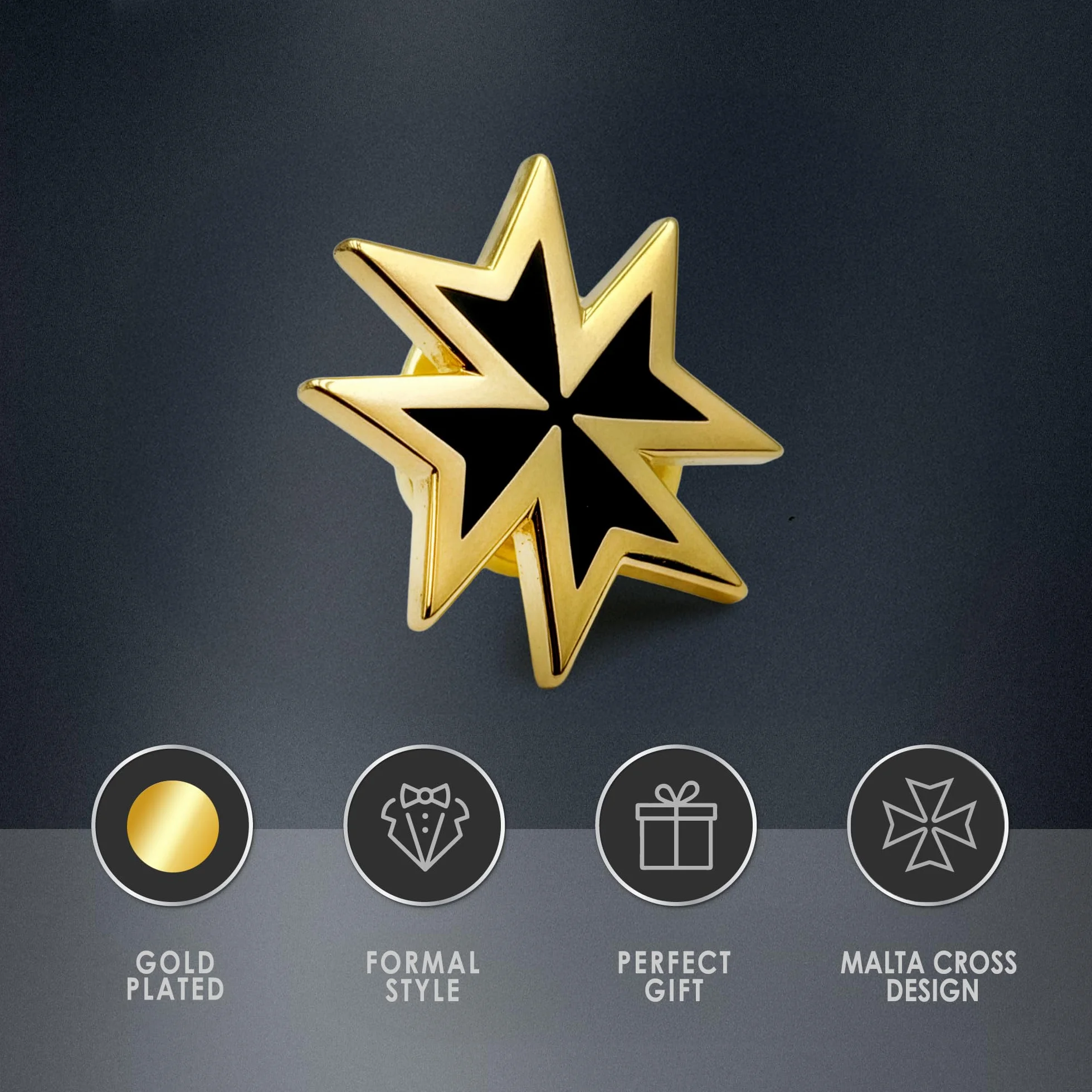 THE MASONIC COLLECTION - Insignia chapada en oro de los Caballeros de Malta - Ajuste de pin de embrague - Viene en bolsa transparente - Regalos masones para hombres
