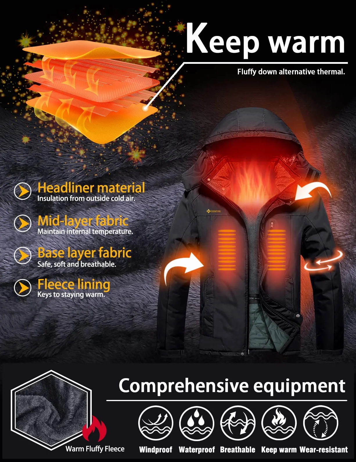 GEMYSE Chaqueta esquí hombre cortaviento capucha snowboard impermeable forrada funcional