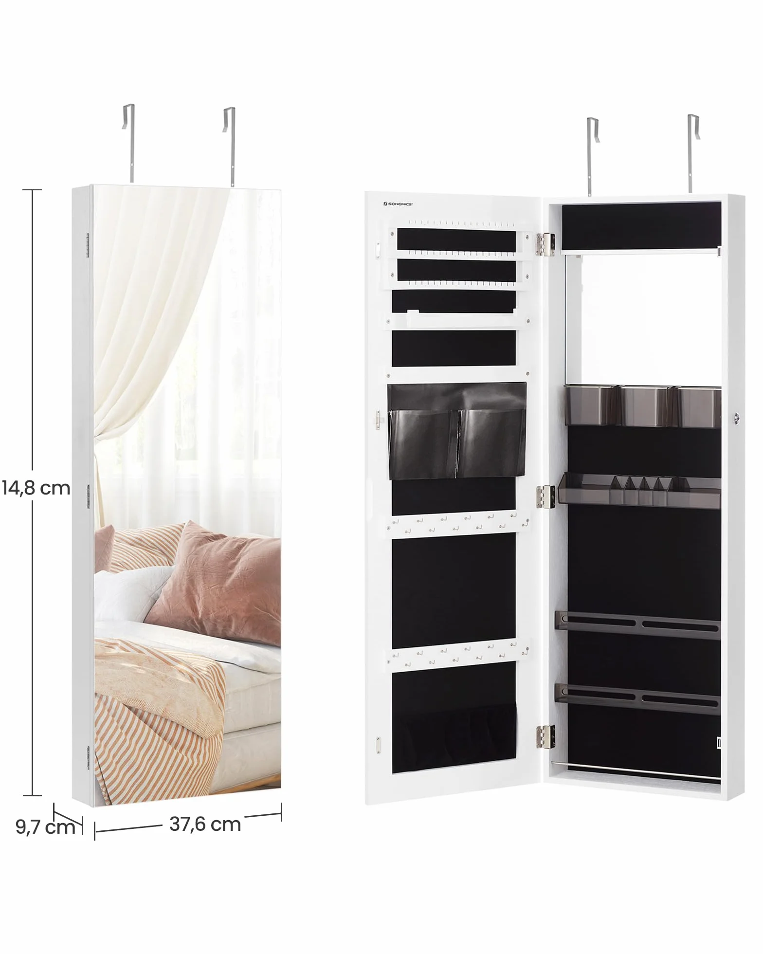 SONGMICS Armario Joyero con Espejo y Cerradura, Organizador de Puerta o Pared, Blanco Nube