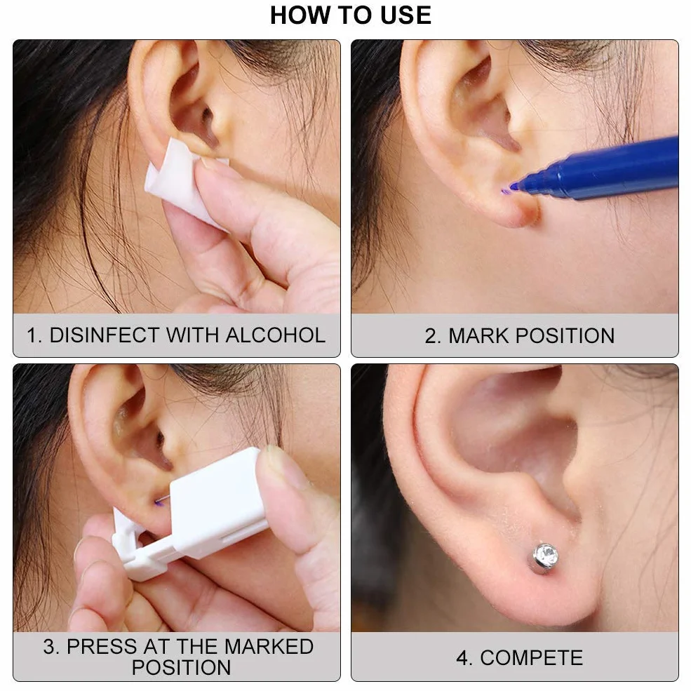Kit de perforación de oreja sin dolor, herramienta desechable esterilizada para piercing, pendientes incluidos