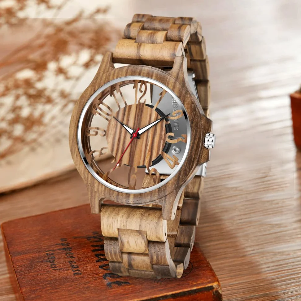 Relojes de madera para hombre, ébano, cebra, madera, cuarzo, cierre plegable, correa de madera, relojes de madera para hombre