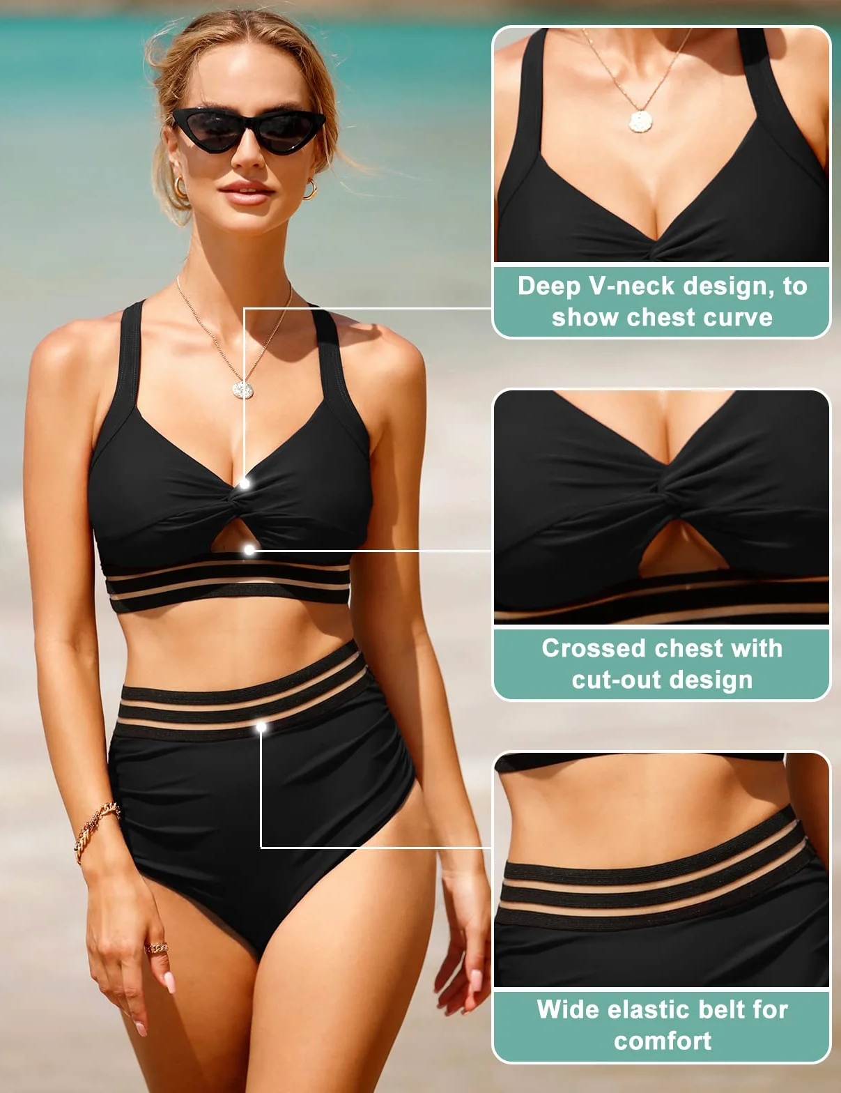 Vancavoo Bikinis Bañador Traje de baño Mujer Reductor Push Up Espalda Cruzada Sujetador Hueca Braguitas Cintura Alta 2 Piezas Conjuntos