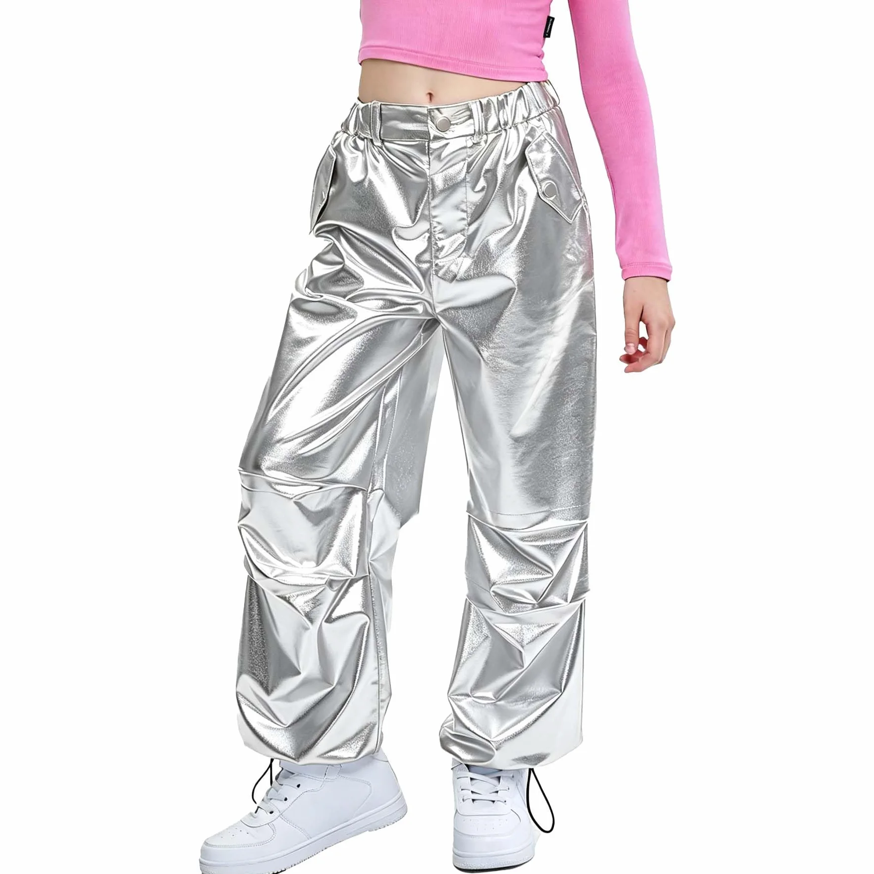 LOLANTA Pantalones de Cuero Metálico Brillante Traje de Baile Hip Hop Retro Cintura Elástica para Niños 6-13 años