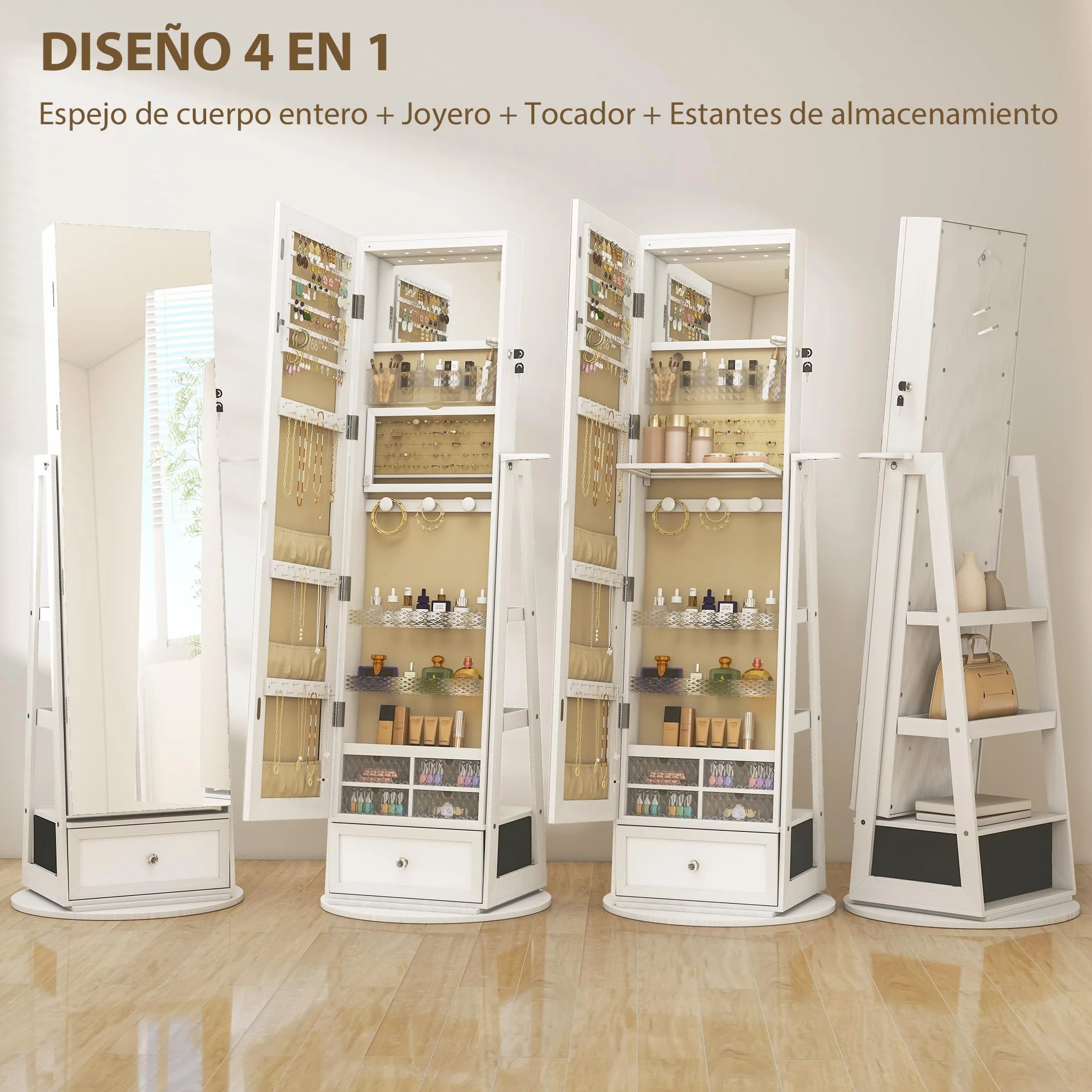 HOMCOM Armario Joyero de Pie con Luces LED, Espejo Cuero Entero, Soporte para Secador, Giratorio 360°, Cajón, Cerradura, Blanco y Beige