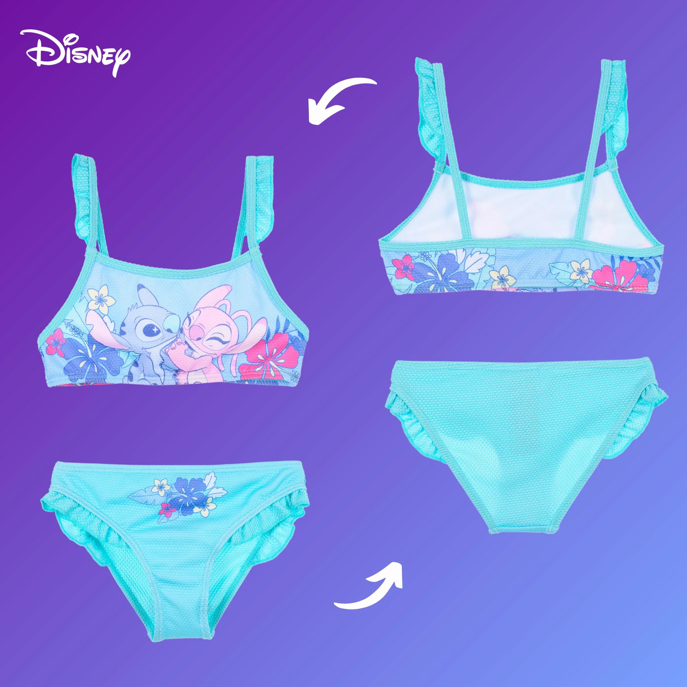 Disney Stitch y Angel Bikini para Niña, Bañador de Dos Piezas Arco Iris, Natación Infantil Tallas 3-8 Años