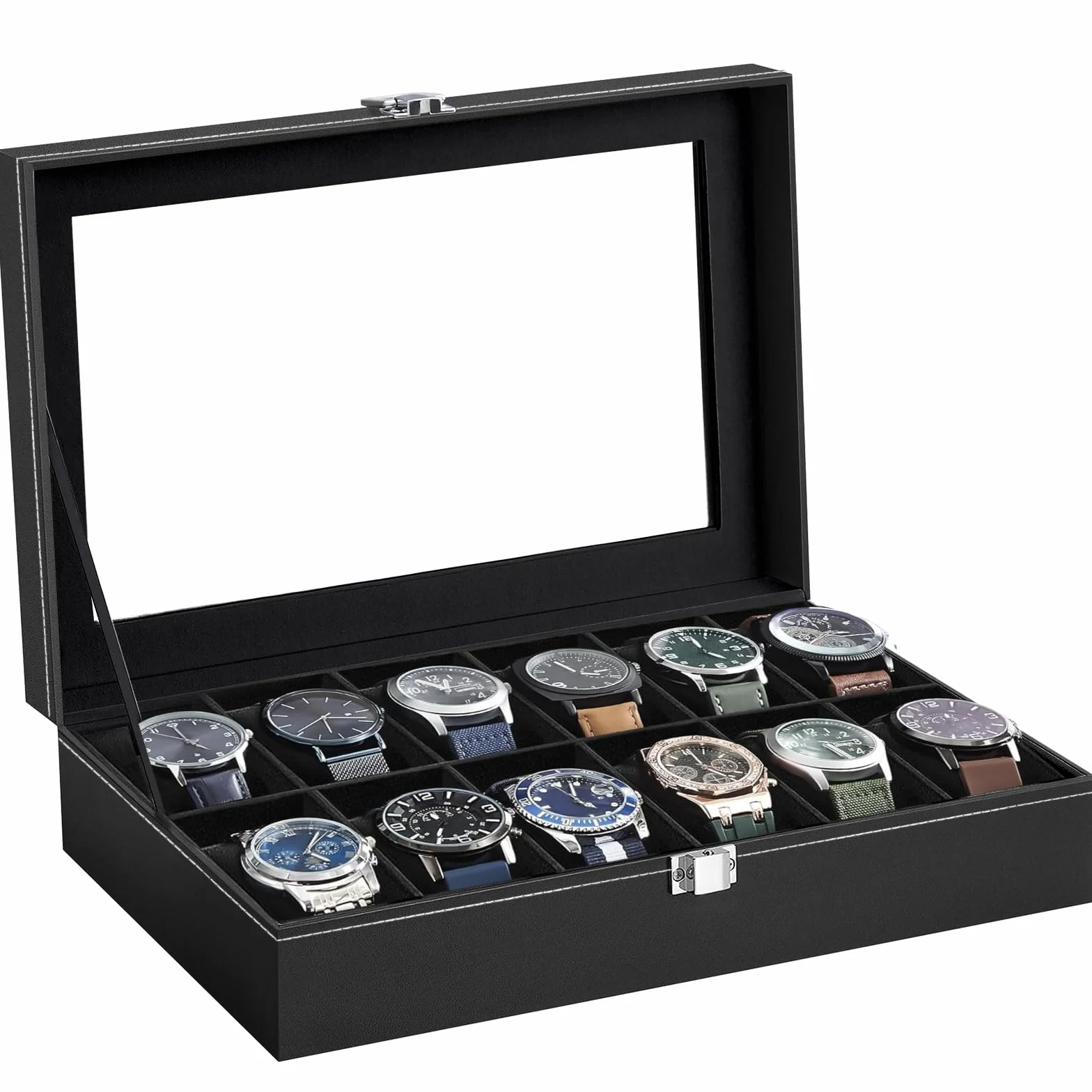 Estuche Relojes 12 Compartimentos Organizador Piel Sintética Almohadilla Extraíble Negro