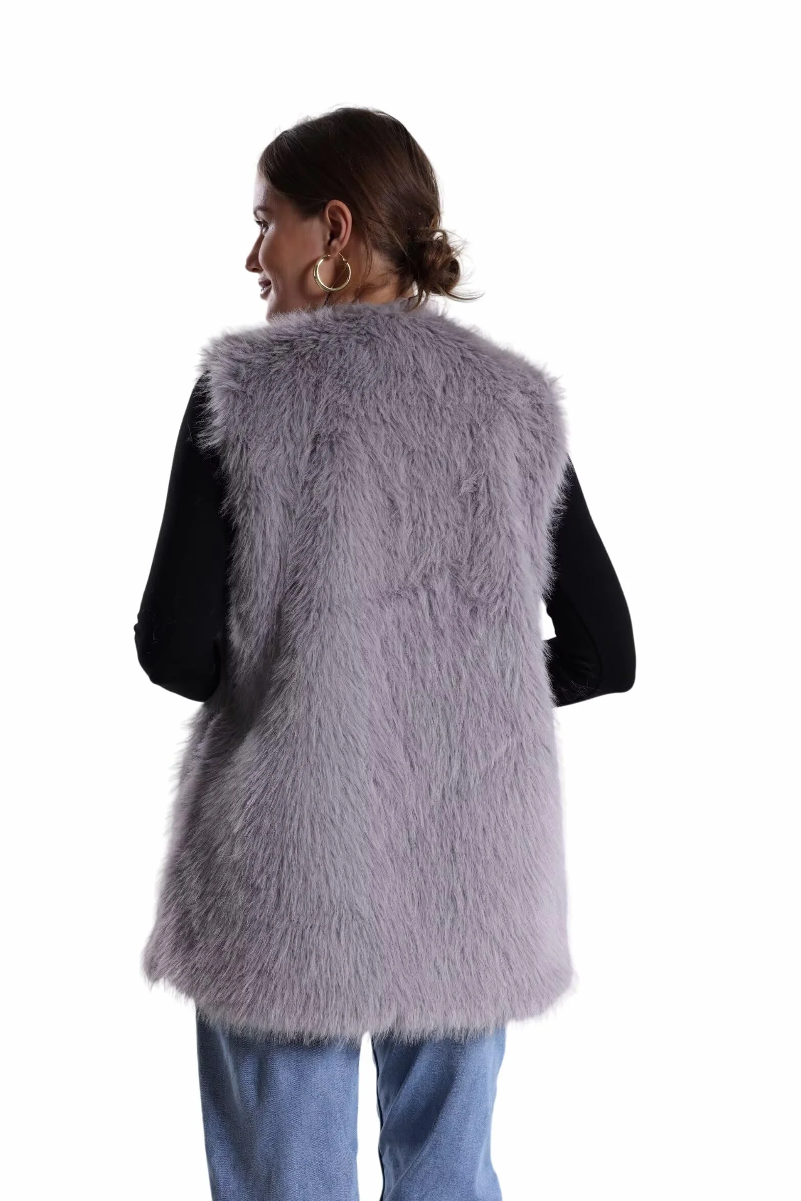 Chaleco de piel sintética de conejo para mujer, abrigo de invierno con cuello en V, sin mangas, mullido, cálido, chaleco de piel sintética con bolsillos