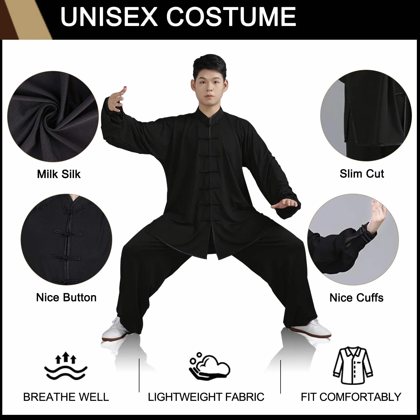 BBLAC 2KEY Uniformes tradicionales chinos para Tai Chi y Wing Chun de seda de leche