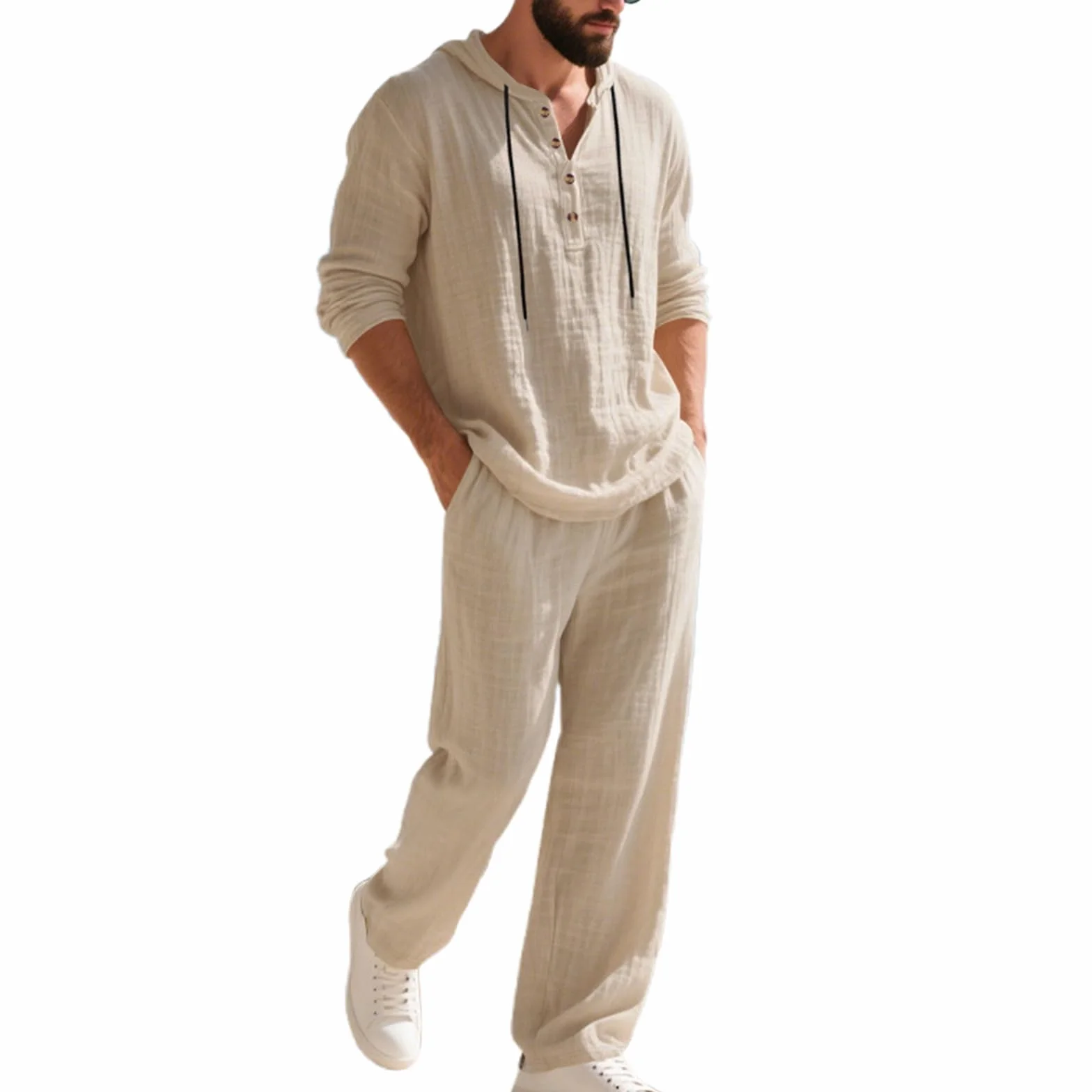 Conjunto de lino para hombre 2 piezas traje de verano manga larga sudadera capucha pantalones playa