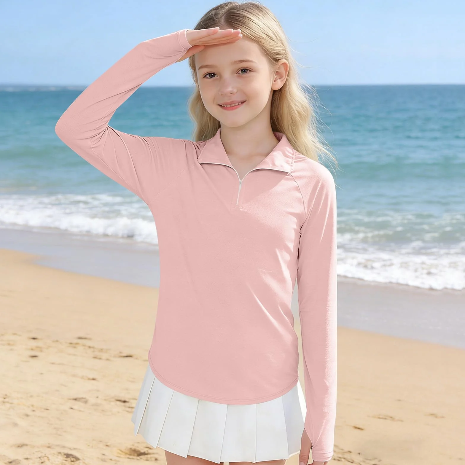 Camiseta de Protección Solar Niña Manga Larga 1/4 Cremallera Secado Rápido Transpirable Thumbhole 4-15 años