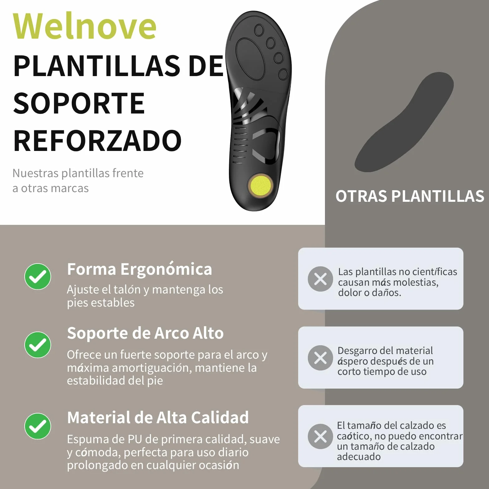 Plantillas para Fascitis Plantar con Soporte de Arco Rígido Alto, Insertos Ortopédicos para Pies Planos M:44-46