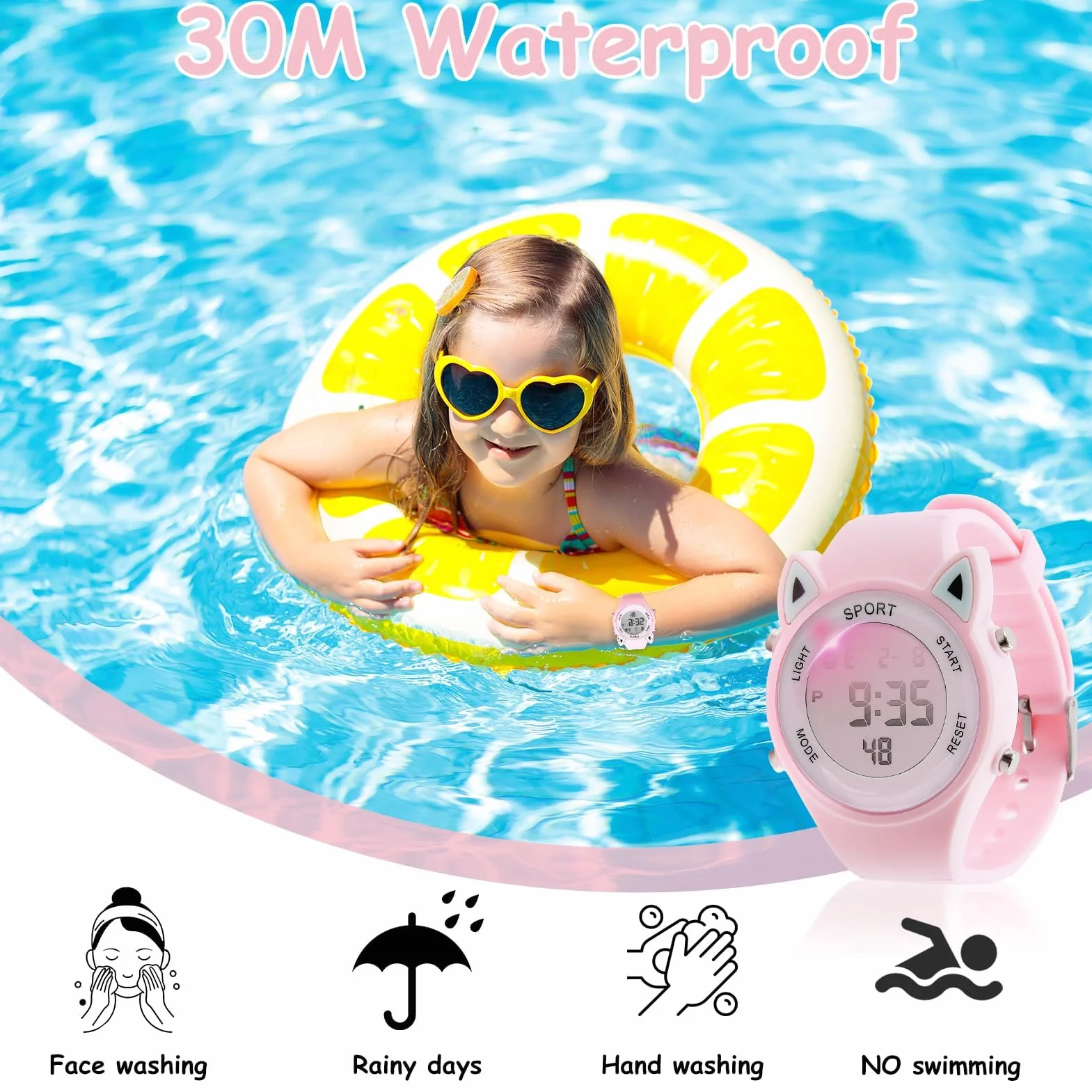 Reloj Digital para Niña con Disegno 3D Orecchie di Gatto Impermeabile 30M Alarma Cronómetro Luz