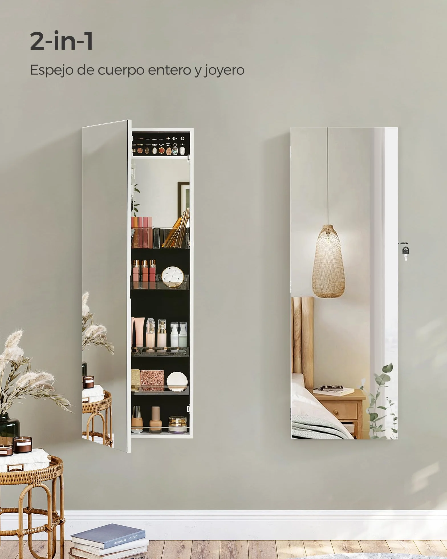 SONGMICS Armario Joyero con Espejo y Cerradura, Organizador de Puerta o Pared, Blanco Nube