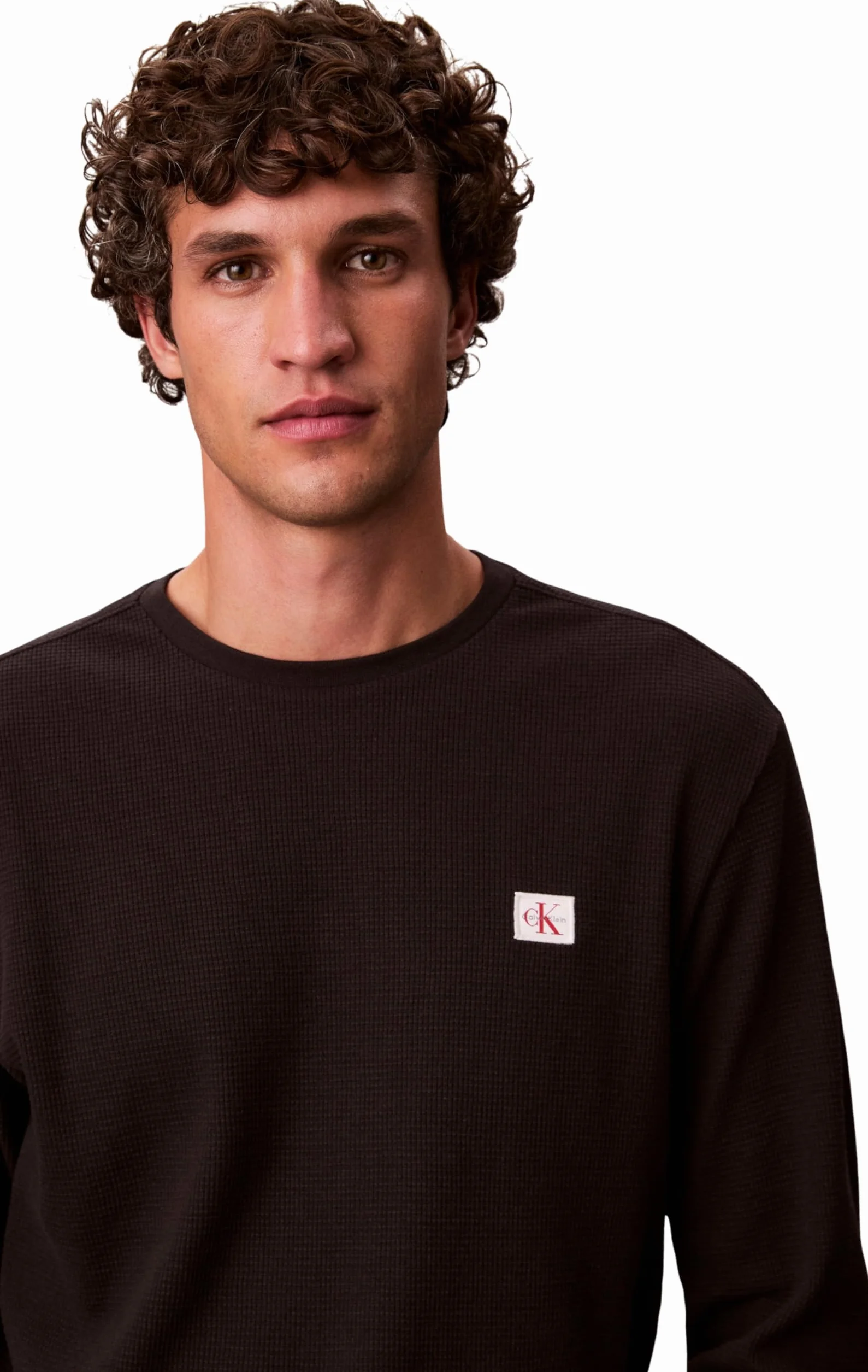 Calvin Klein Camiseta de Manga Larga Hombre Waffle Badge tee con Cuello Redondo