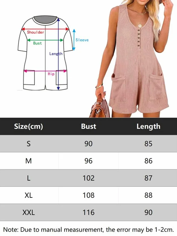 Mono Mujer Verano Sin Mangas Cuello en V Jumpsuit Corto Casual Sueltos Elegante Pierna Ancha Botones Bolsillos Playa