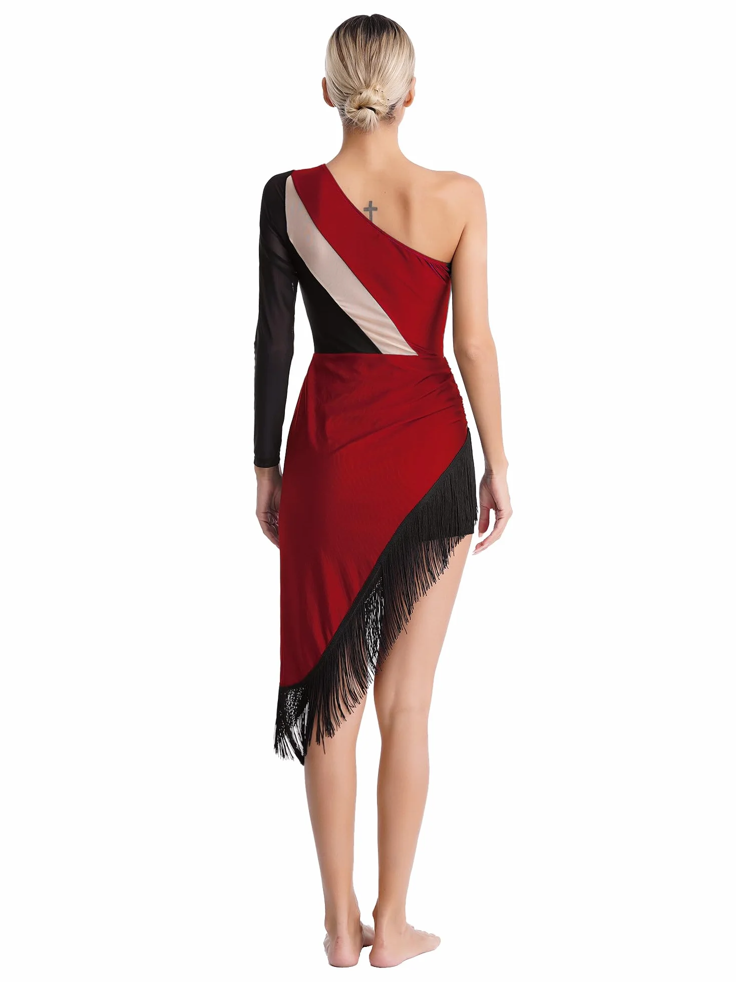 Alvivi Vestido de Baile Latino Tango Mujer Manga Larga Maillot Danza Ballet Flecos Disfraz Competición