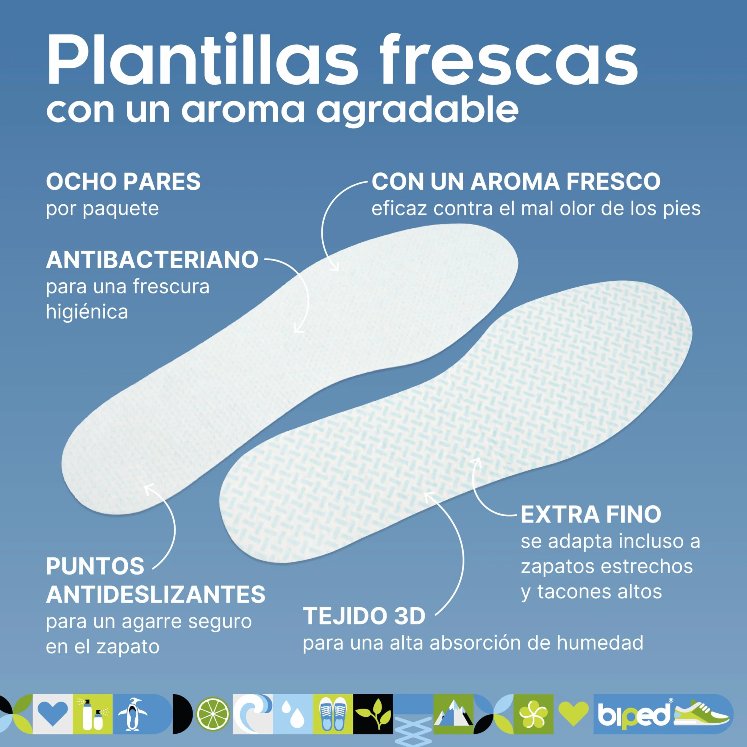 Biped Fresh Clean Breeze Plantillas Refrescantes 8 Pares Extrafinas Contra Mal Olor