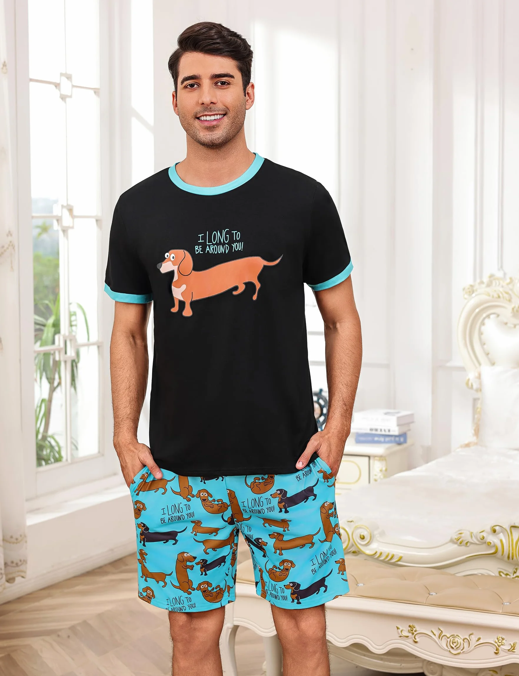Pijama Hombre Algodón Divertido Ropa de Dormir Verano Mangas Cortas con Bolsillos