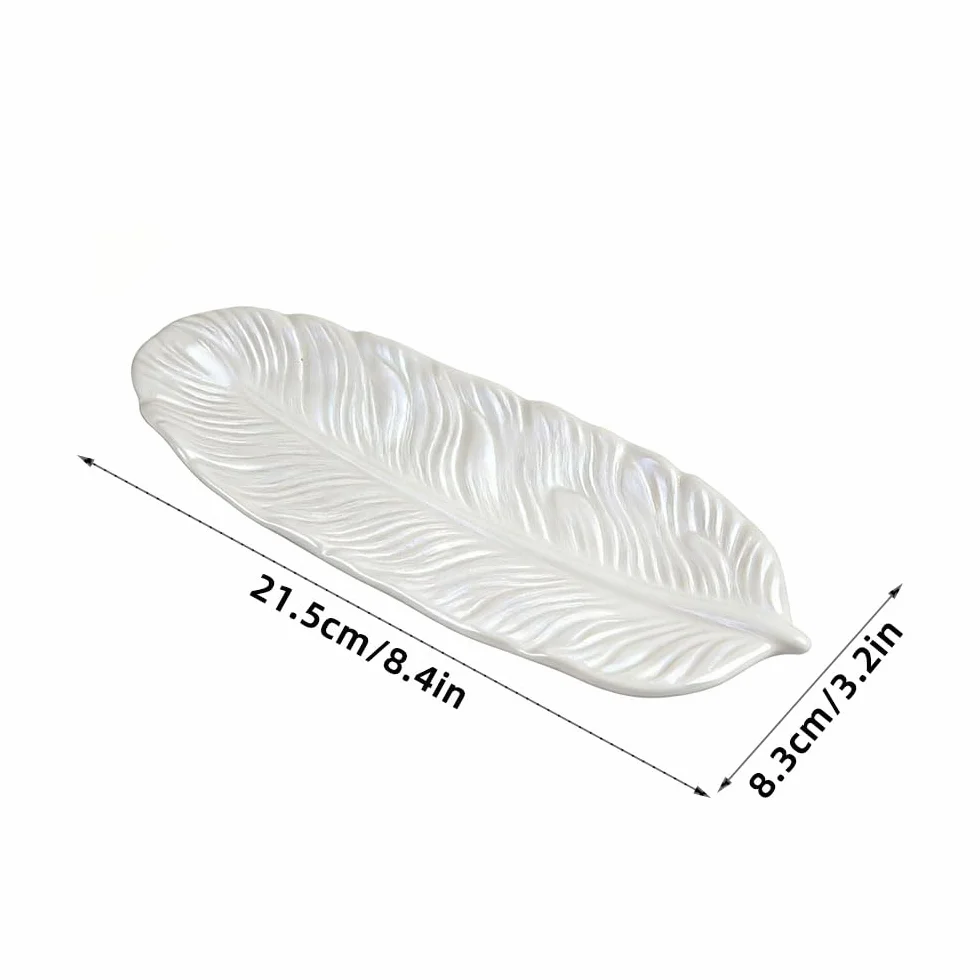 Plato de Joyería de Cerámica Diseño de Pluma,Almacén de Joyería de Cerámica Blanco para Pulseras,Anillos y Joyas,Decoración para Vanity,Baño y Salón 21,5x8,3x1,7cm