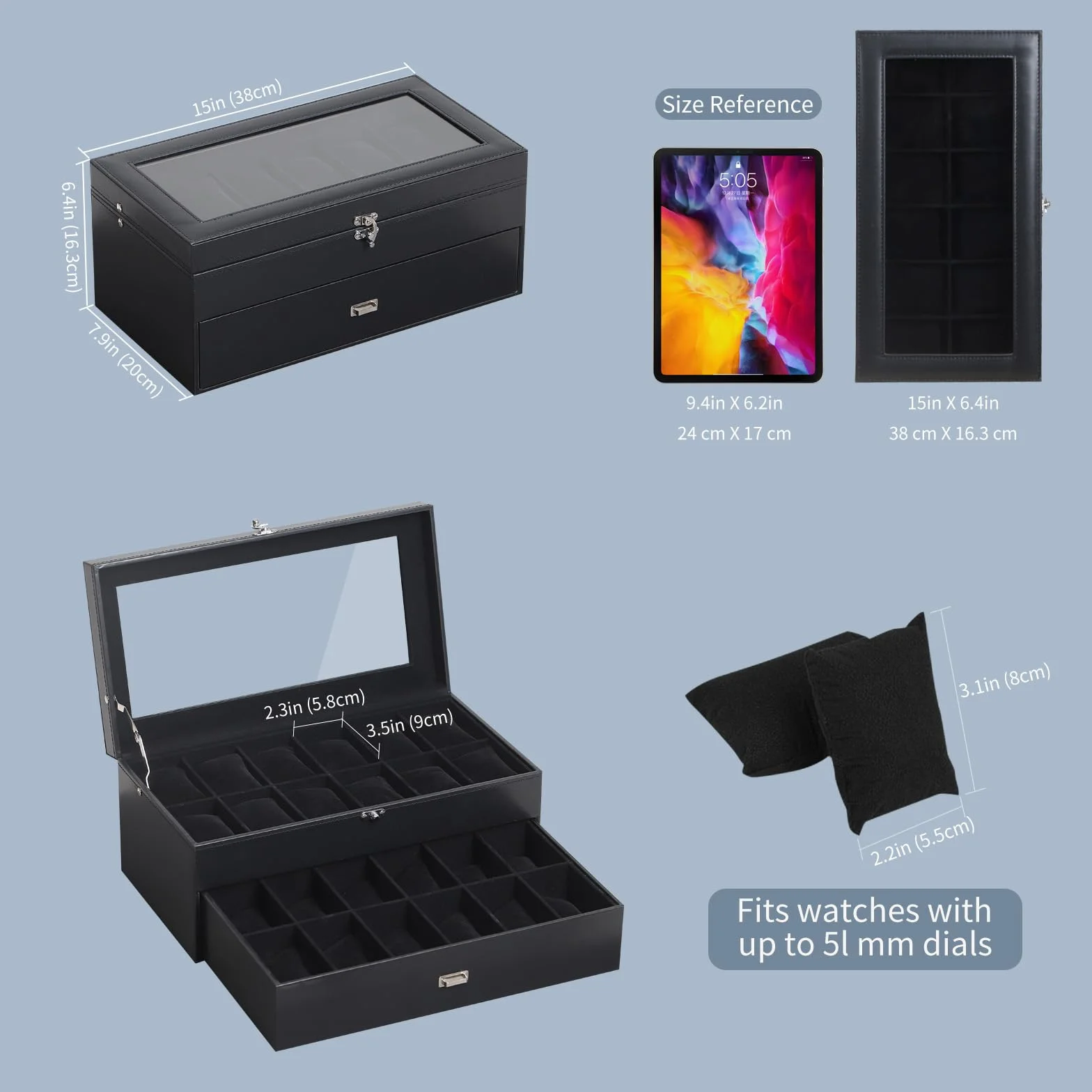 AUTOARK Caja organizadora de 24 relojes con tapa de vidrio y cajón de joyas de cuero y terciopelo, negro MKAW035