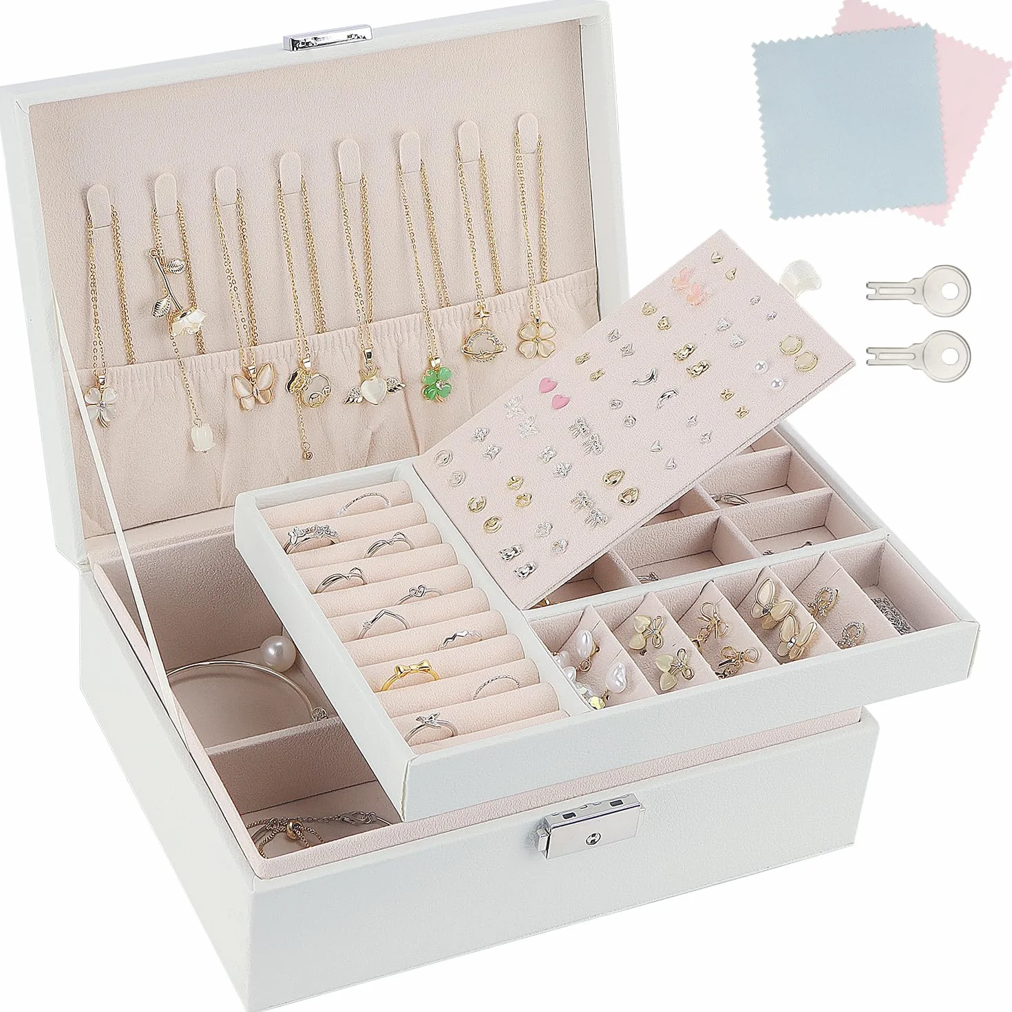 TEIVUL Joyero de piel sintética de 2 capas con llaves y paño de limpieza para anillos aretes collares
