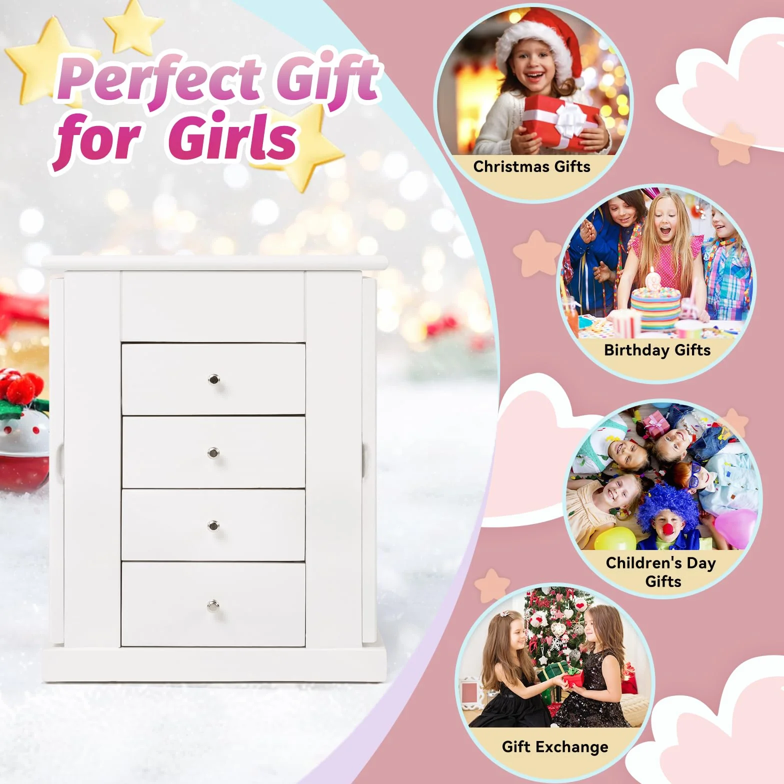 Joyero Musical Niña Madera Bailarina Giratoria 5 Niveles Regalo Blanco