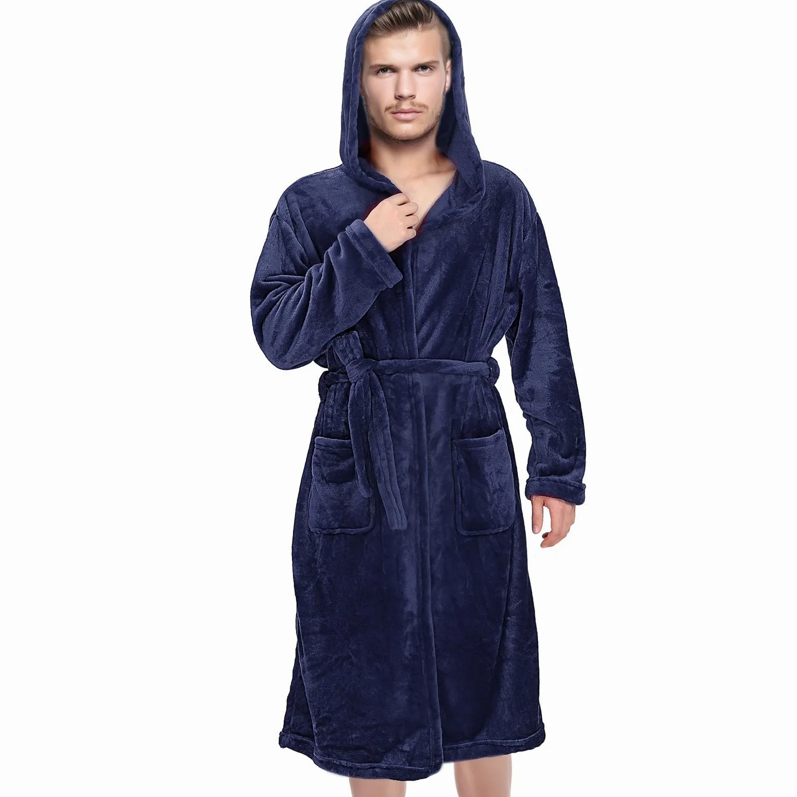 Bata de Baño con Capucha para Hombre Ligera y Cómoda Albornoz de Poliéster de Secado Rápido Bata Casa Versátil con Bolsillos para Ducha y Descanso