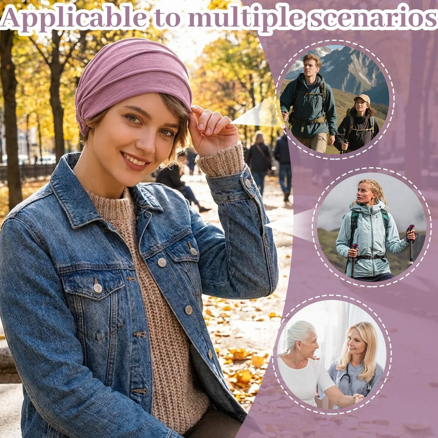Pack de 2 Turbantes de Algodón para Mujer, Gorros Quimioterapia Transpirables, Pañuelo de Cabeza para Pérdida de Cabello (Rosa y Púrpura)