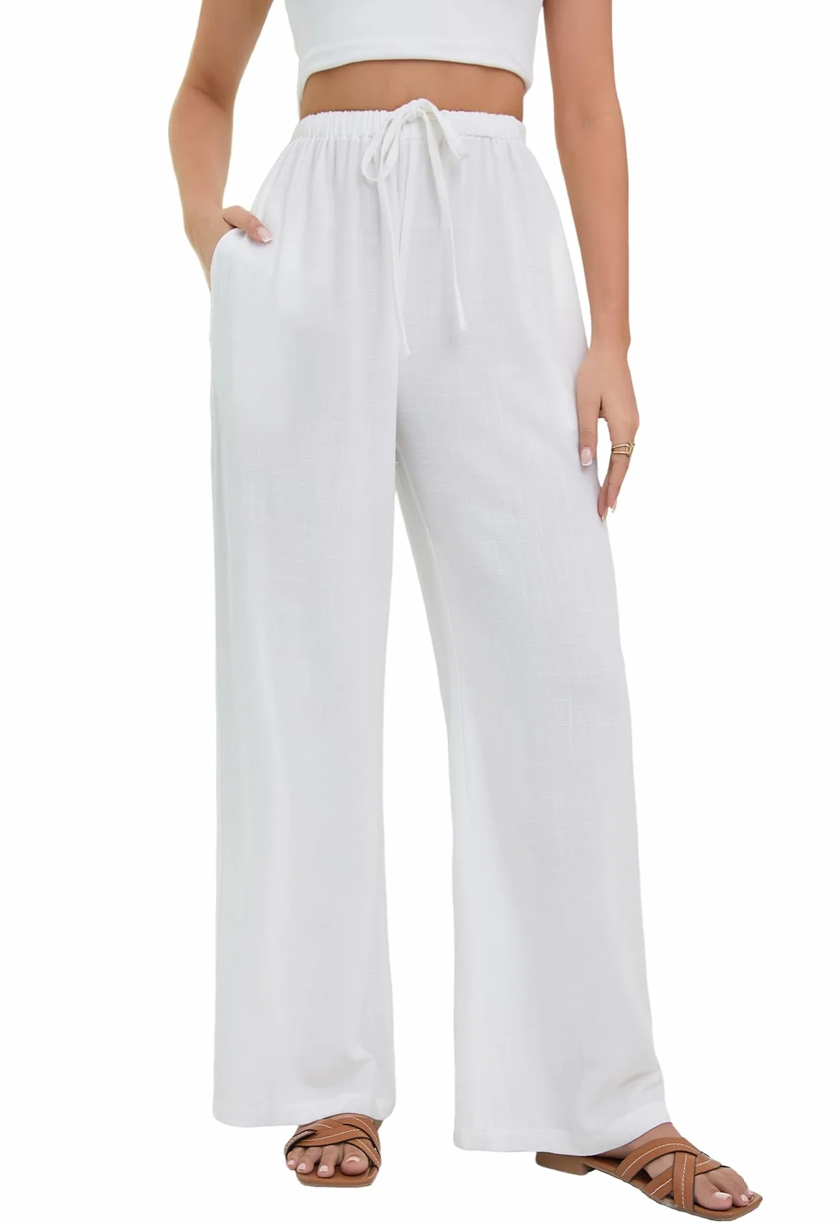 Stamian Pantalones Lino Mujer Verano Casual Anchos Playa Algodón Cintura Elástica Bolsillos