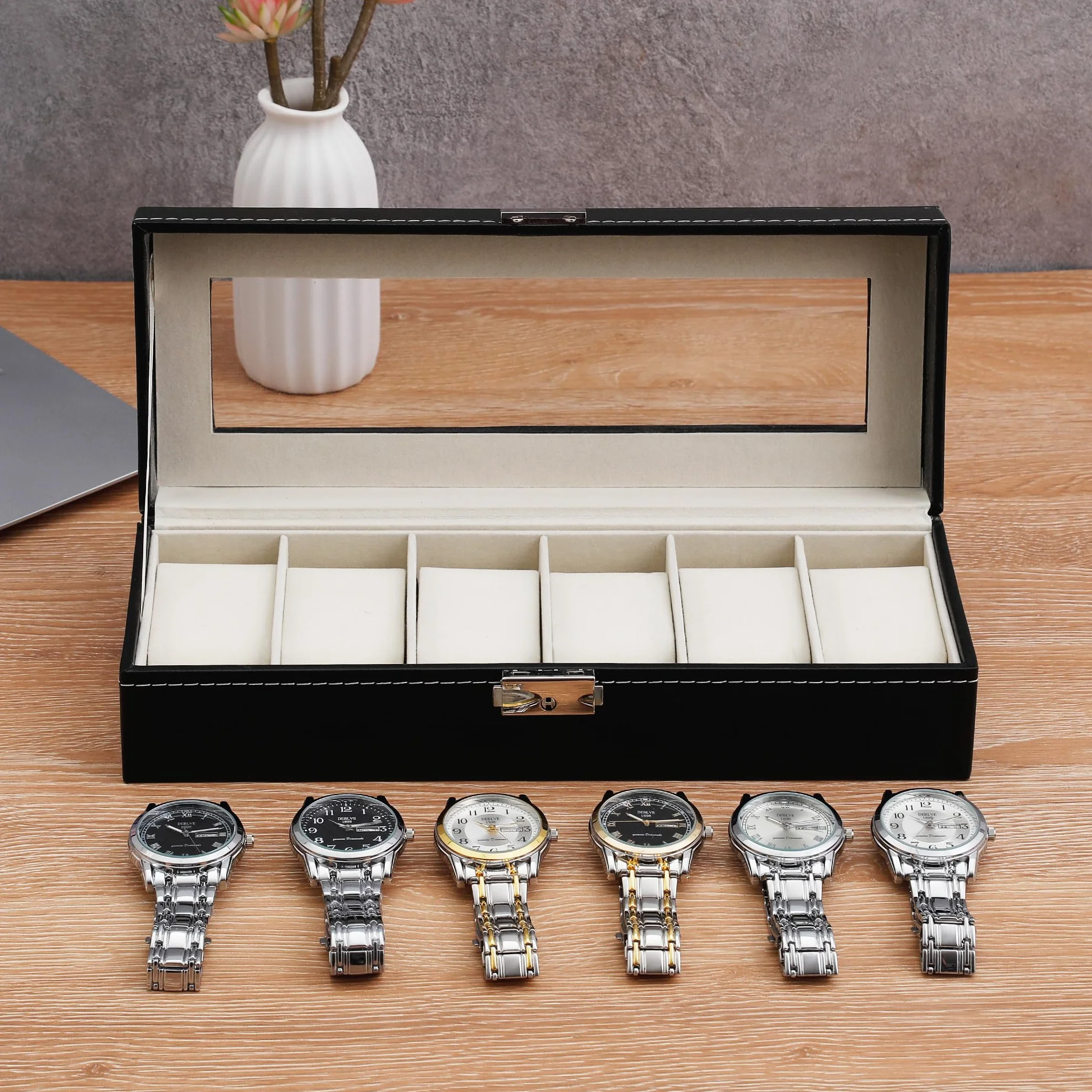 Nuangoo Estuche de Relojes con Cerradura y Tapa de Cristal