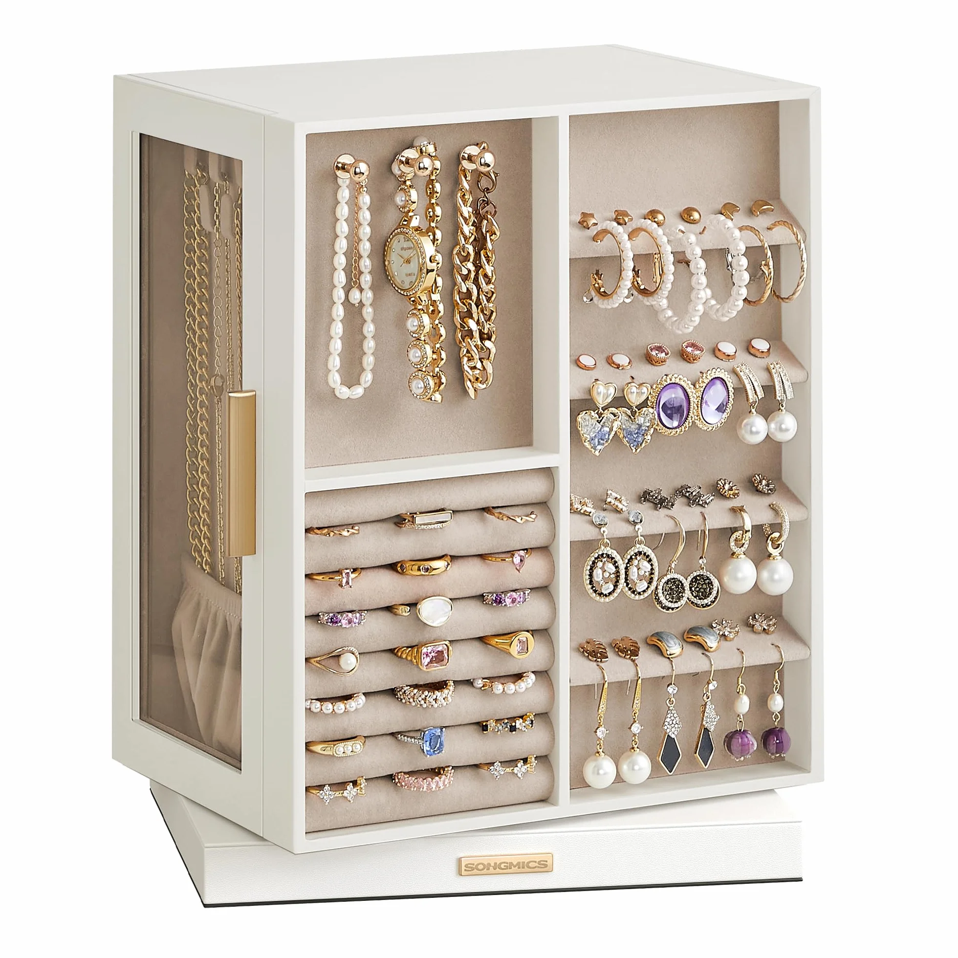 SONGMICS GISELLA Caja Joyero Giratorio 360° 5 Cajones Ventanas de Cristal Blanco Nube JBC170W01