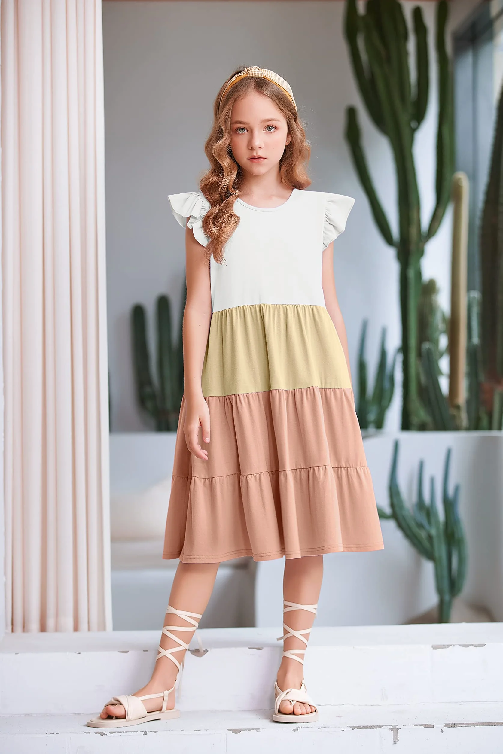 Vestido de Verano para Niñas Arshiner Algodón Mangas de Volantes Escote Redondo 4-14 Años