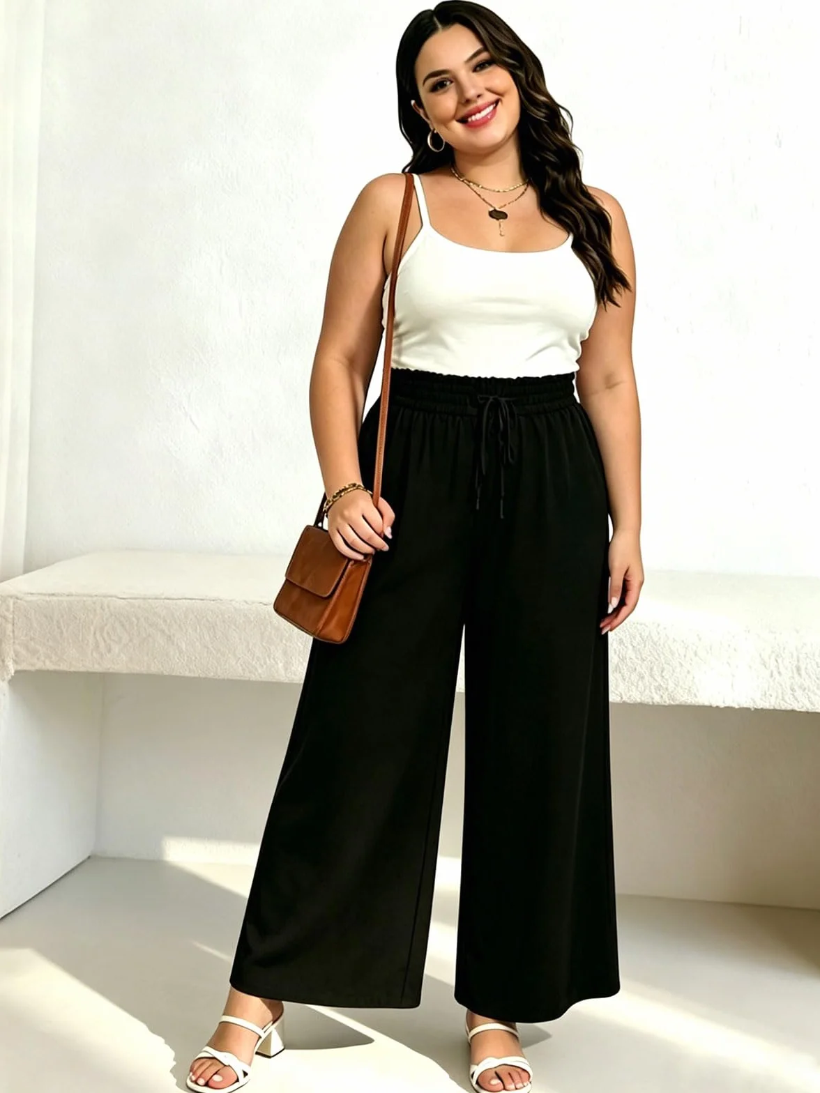Moon Wood Pantalones Palazzo Mujer Talla Grande Cintura Alta Elástico Verano