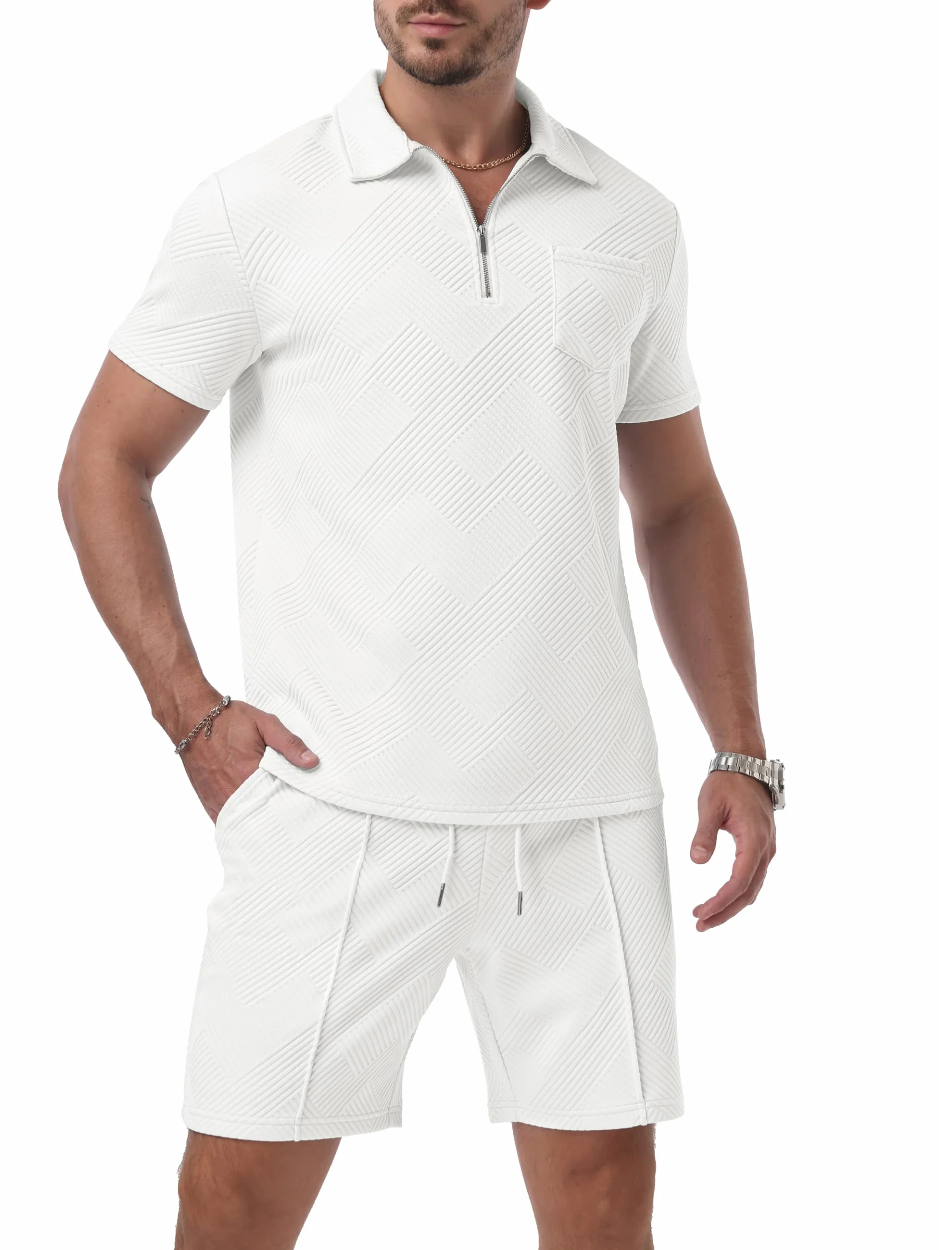 QIXING Chándal para hombre 2 piezas: pantalones cortos y camiseta media cremallera, conjunto polo manga corta