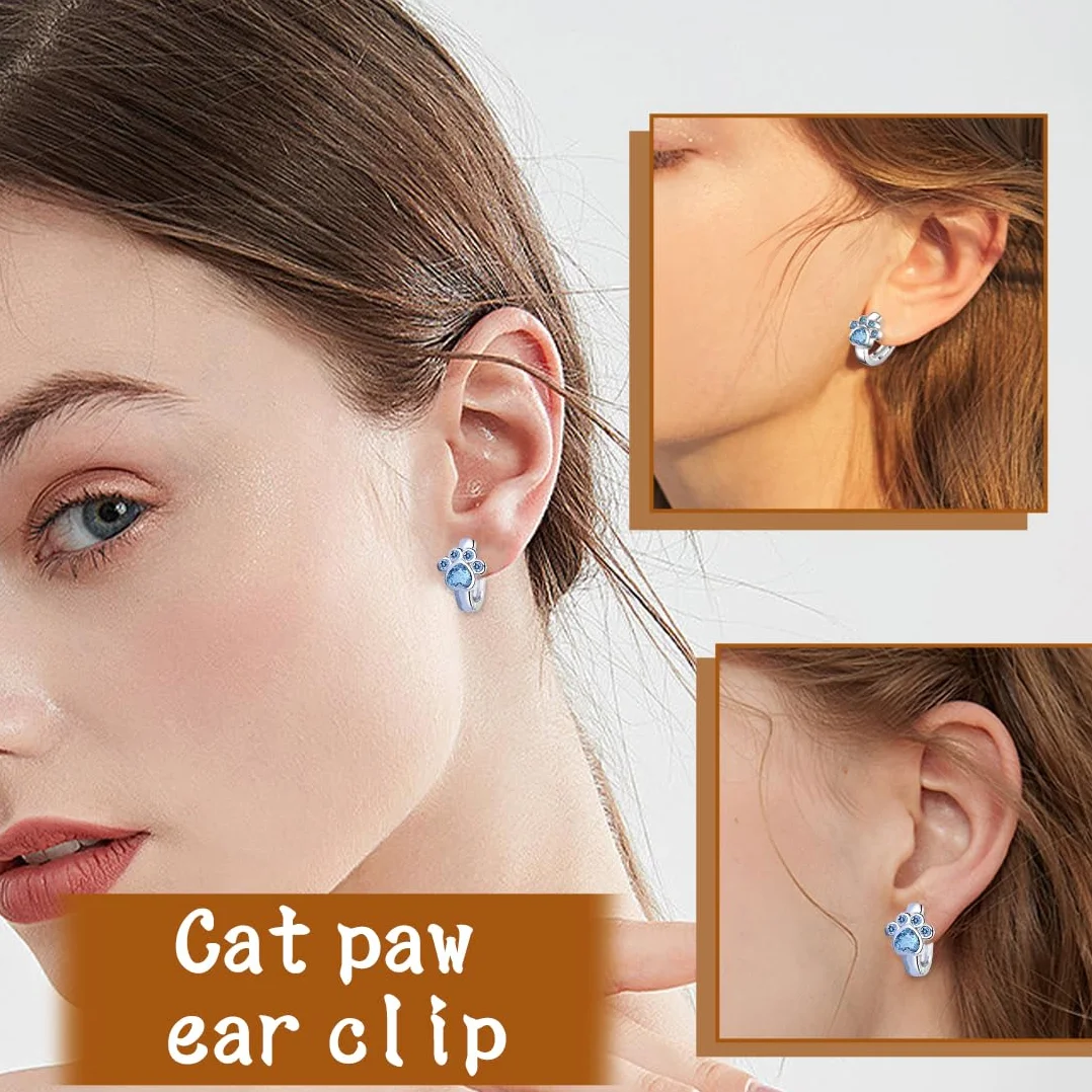 Aretes de pata de gatos con diseño huella Cristal Circonita, Joyería Elegante para niña, Azul Brillante