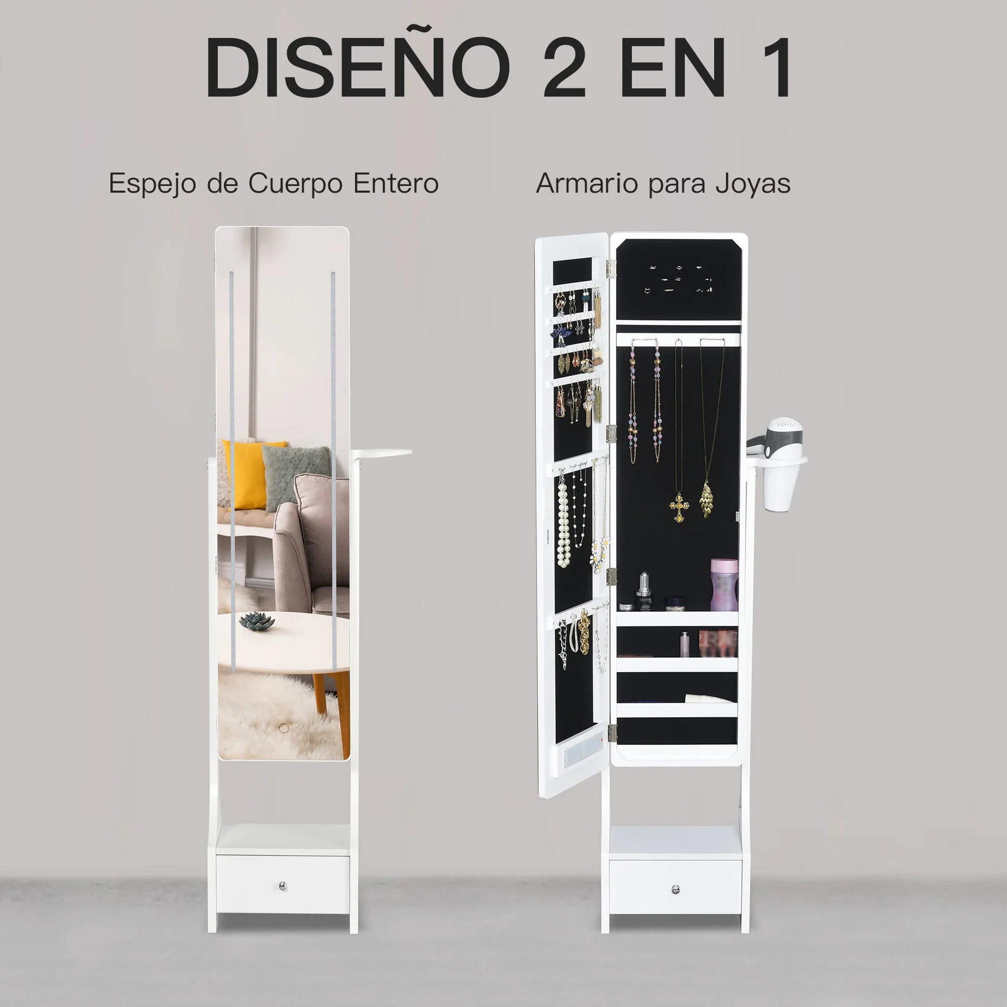 HOMCOM Espejo Joyero LED con Luces Armario Soporte Secador Ajustable Blanco