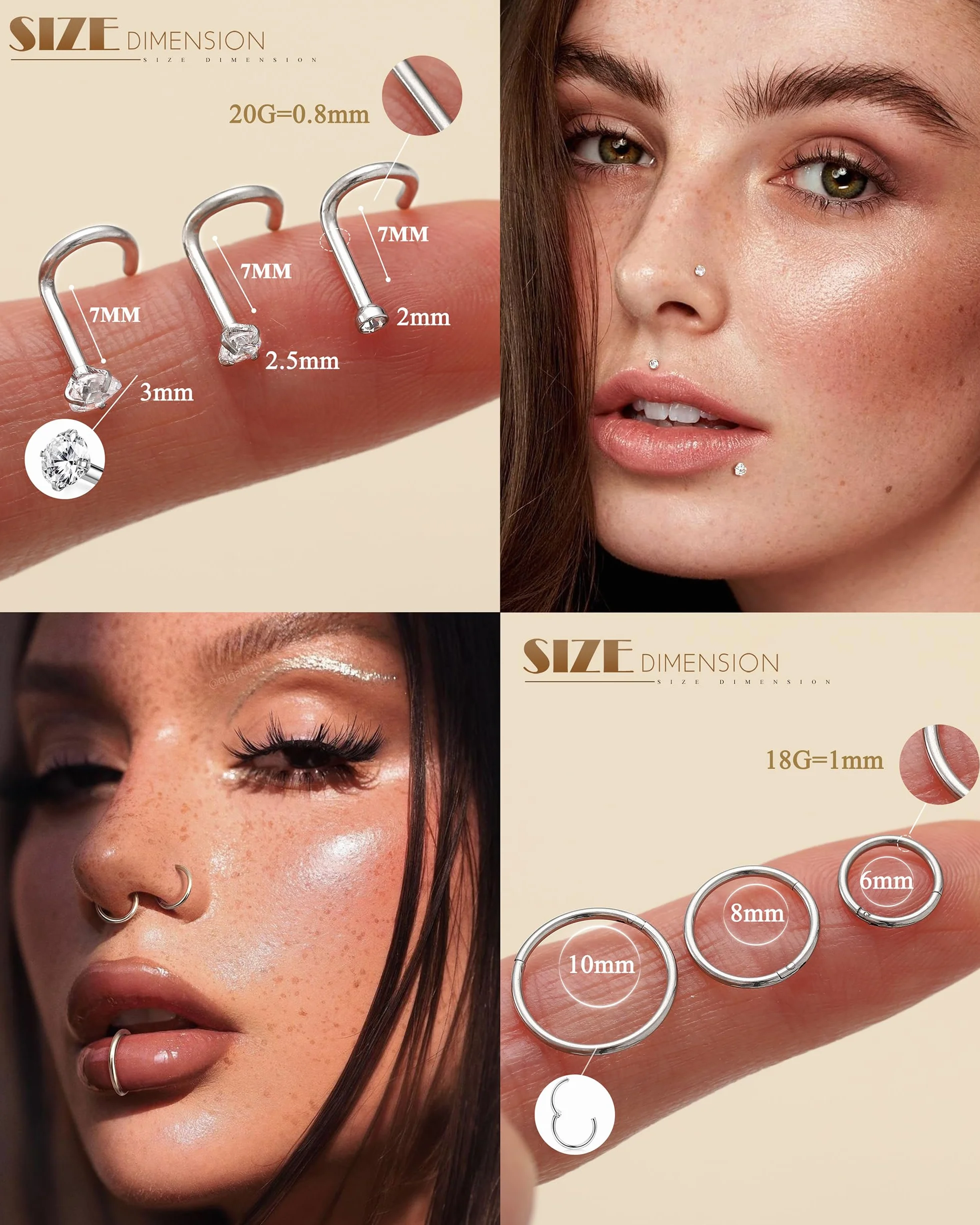 YADOCA 15 Piezas Piercing Nariz Acero Quirúrgico Hipoalergénico Anillos de Nariz Plata Oro Joyería Nostril