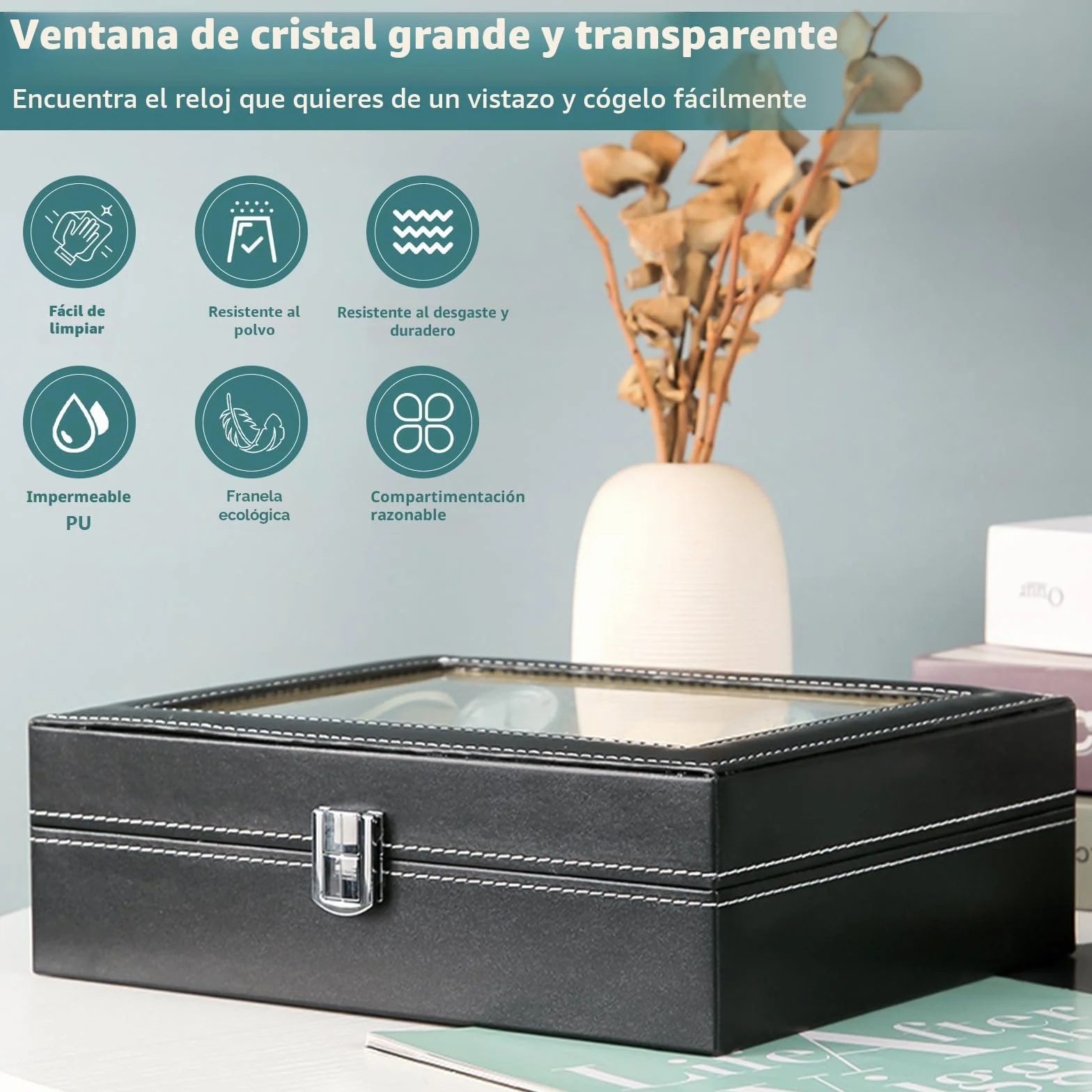 Estuche Relojes 12 Compartimentos Organizador Piel Sintética Almohadilla Extraíble Negro