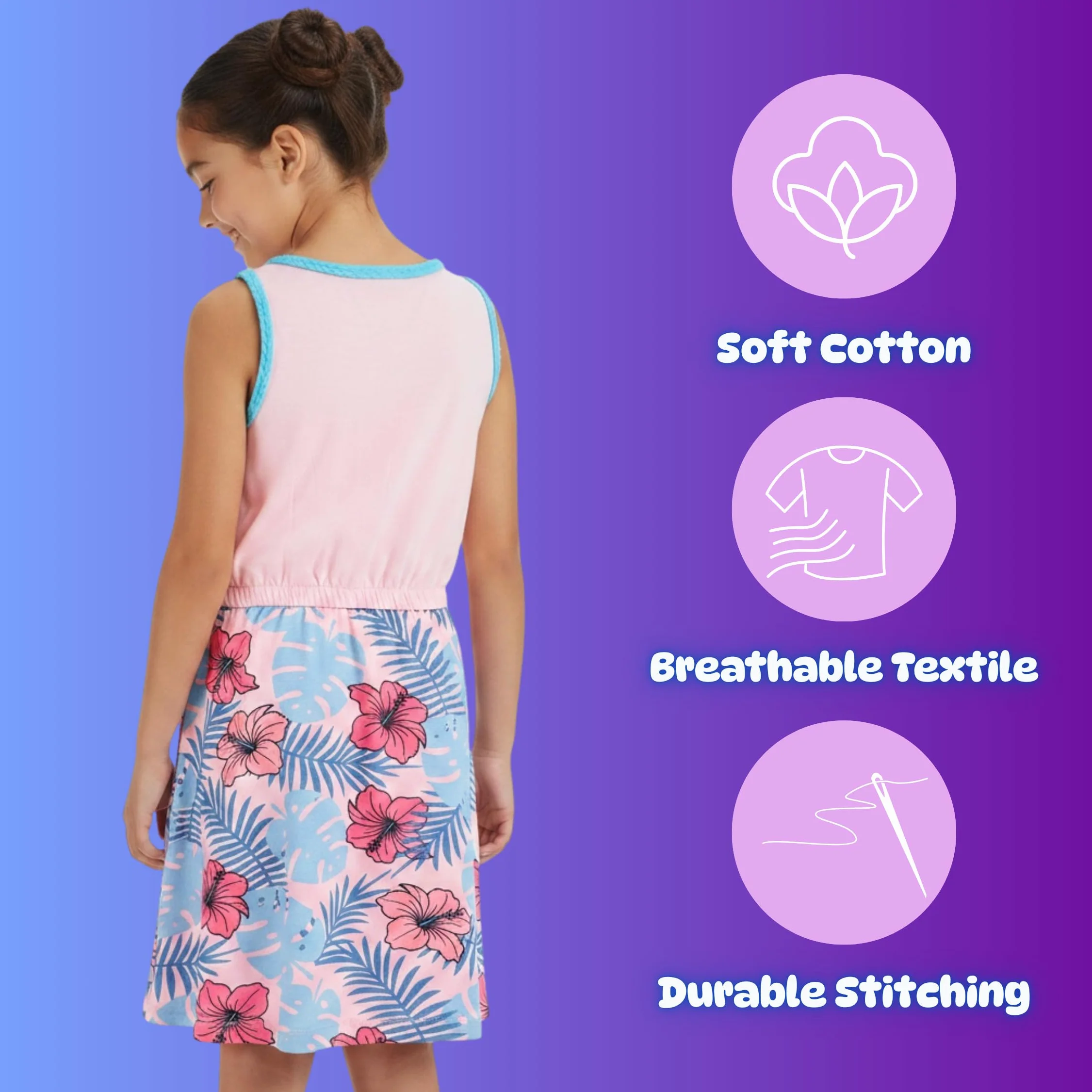 Disney Stitch Vestido para Niña Algodon Suave Tropical Manga Corta Tallas 3-8 Años