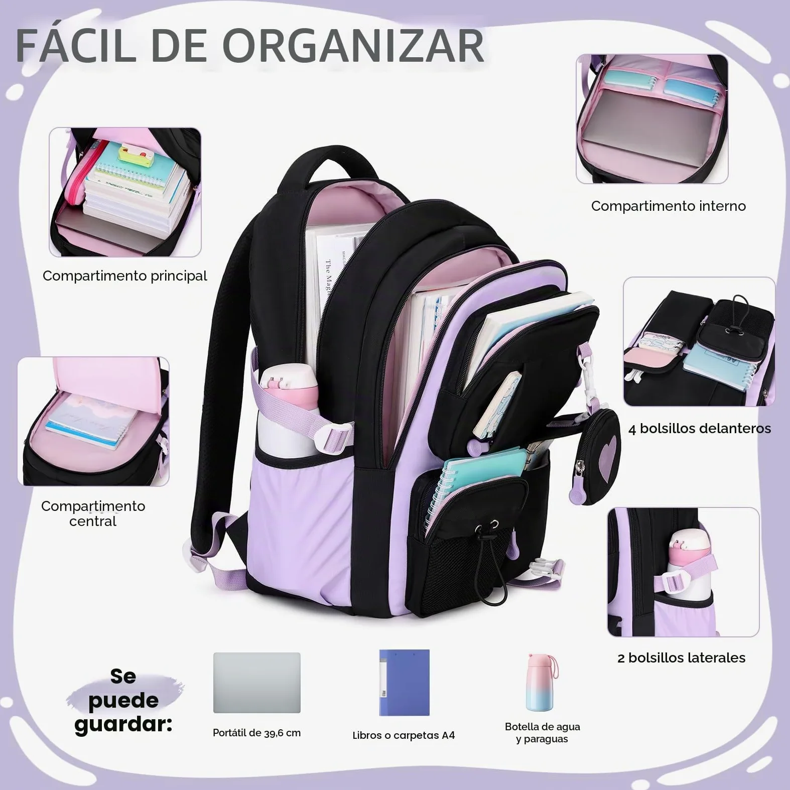 Amythe Mochila Escolar para Niñas Primaria con Bolsa de Monedas, Negro | Mochila Colegio para Chicas 8 a 12 años, Mochilas Grande para Portátil 15.6", Bolso de Viaje Casual Ligera, Apta Carro