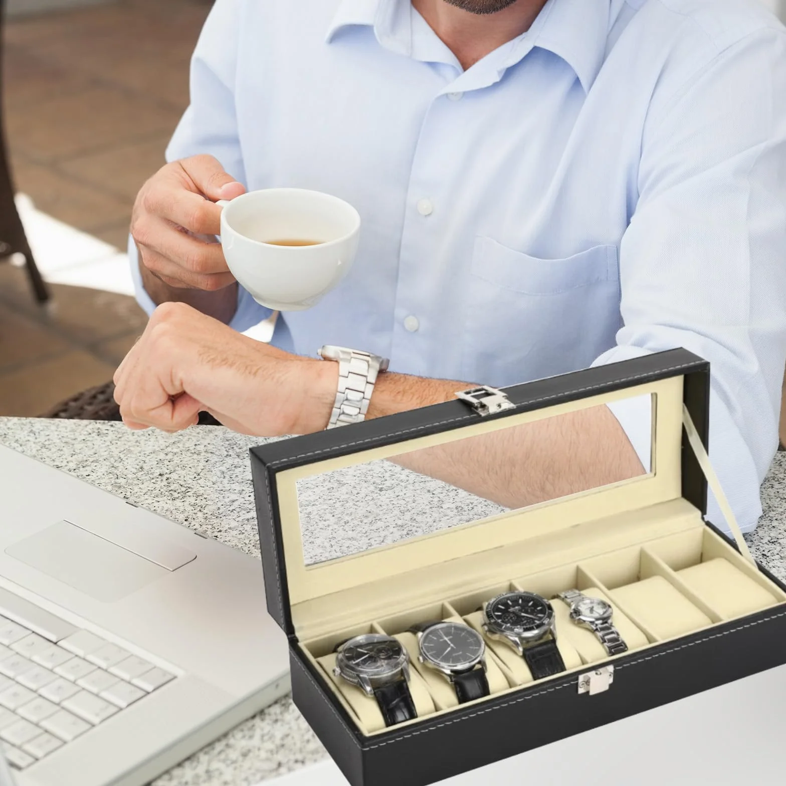 Estuche para Relojes con 6 Compartimentos, Tapa de Cristal, Organizador, Regalo Hombre, Negro
