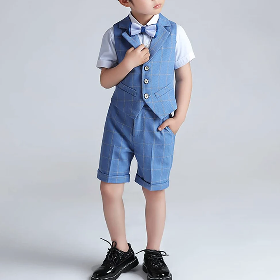 Traje Conjunto de Bebés Niños para Bautizo Comunión,Elegante Niño Pequeño Traje Formal de Bodas de Fiesta,Conjuntos de Top y Pantalónes Camisa Chaleco Pantalones Cortos Verano Ropa para Chicos
