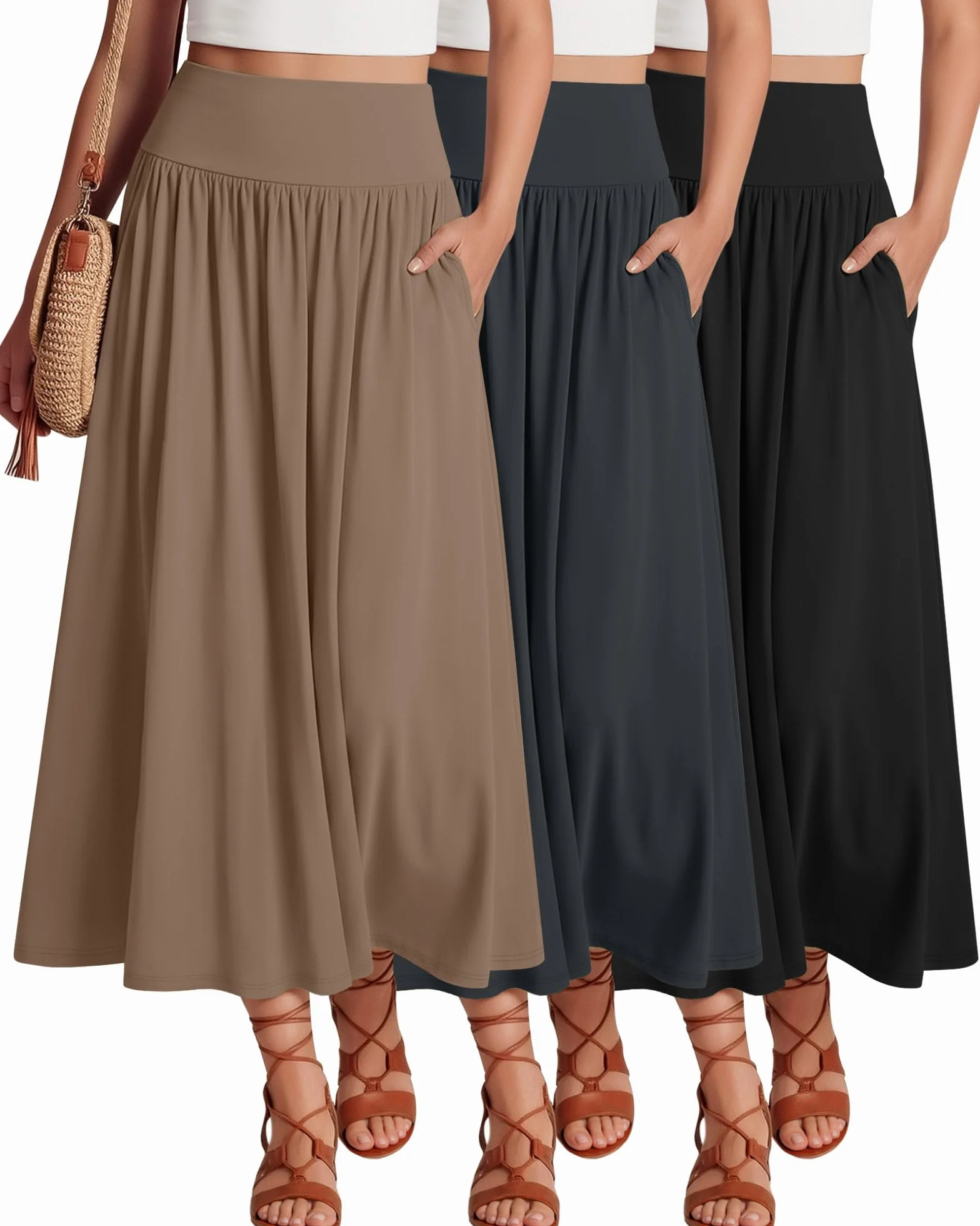 Ficerd Paquete de 3 Faldas Largas Maxi para Mujer, hasta el Tobillo, Cintura Alta, Verano, con Bolsillos