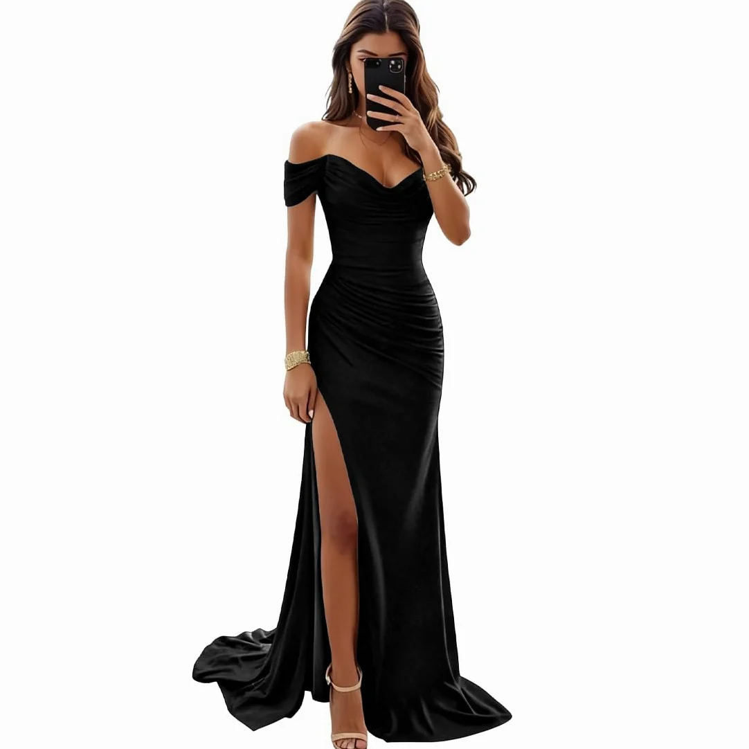 Vestido de Noche para Mujer Vestidos Largo con Hombros Descubiertos Elegante Vestido de Fiesta Abertura Sexy Bodycon Formal Vestidos de Invitada de Boda para Cóctel Partido Club