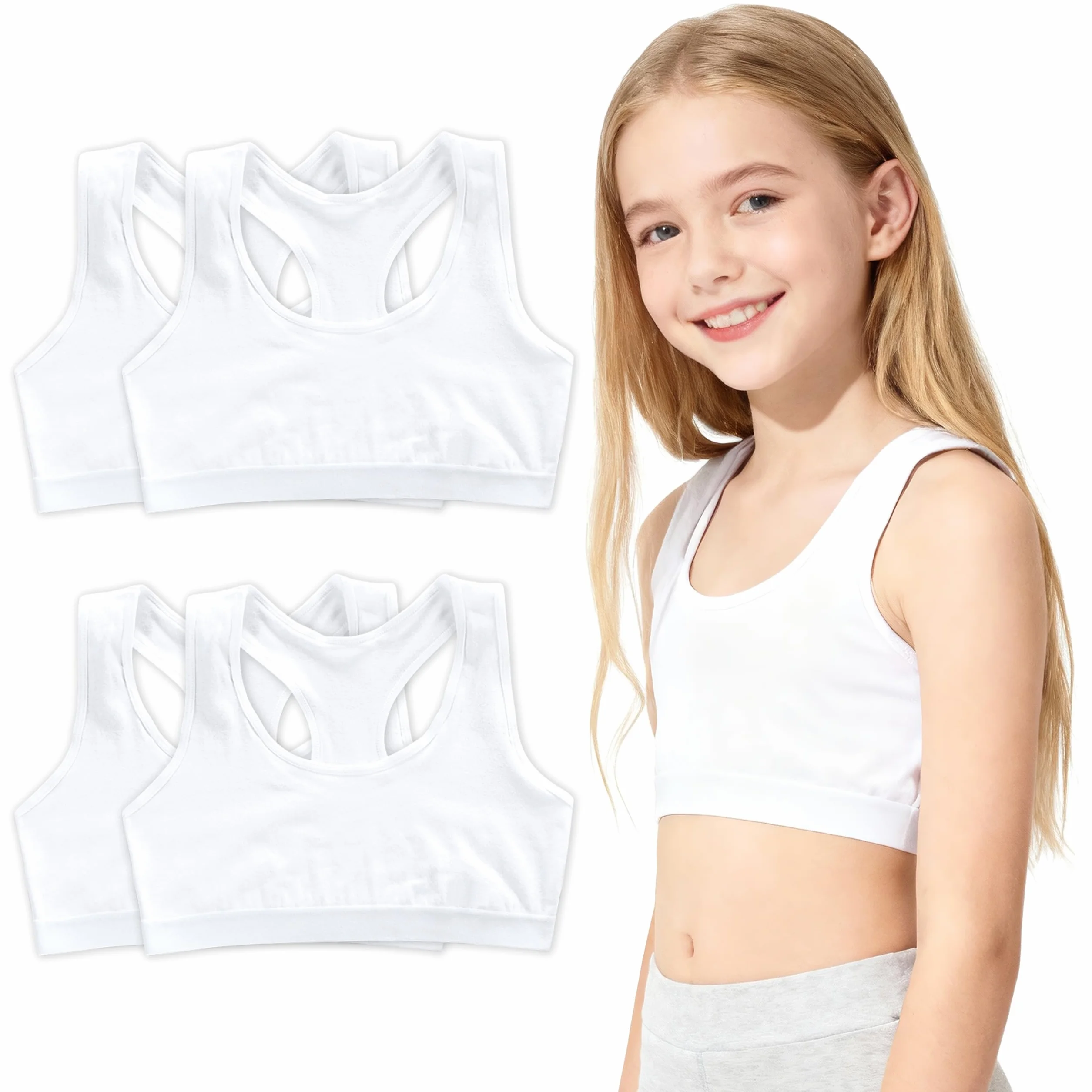 Pack de 4 Sujetadores Deportivos para Niñas, Bralette Suave de Algodón-Spandex Sin Aro, para Adolescentes de 8 a 14 Años