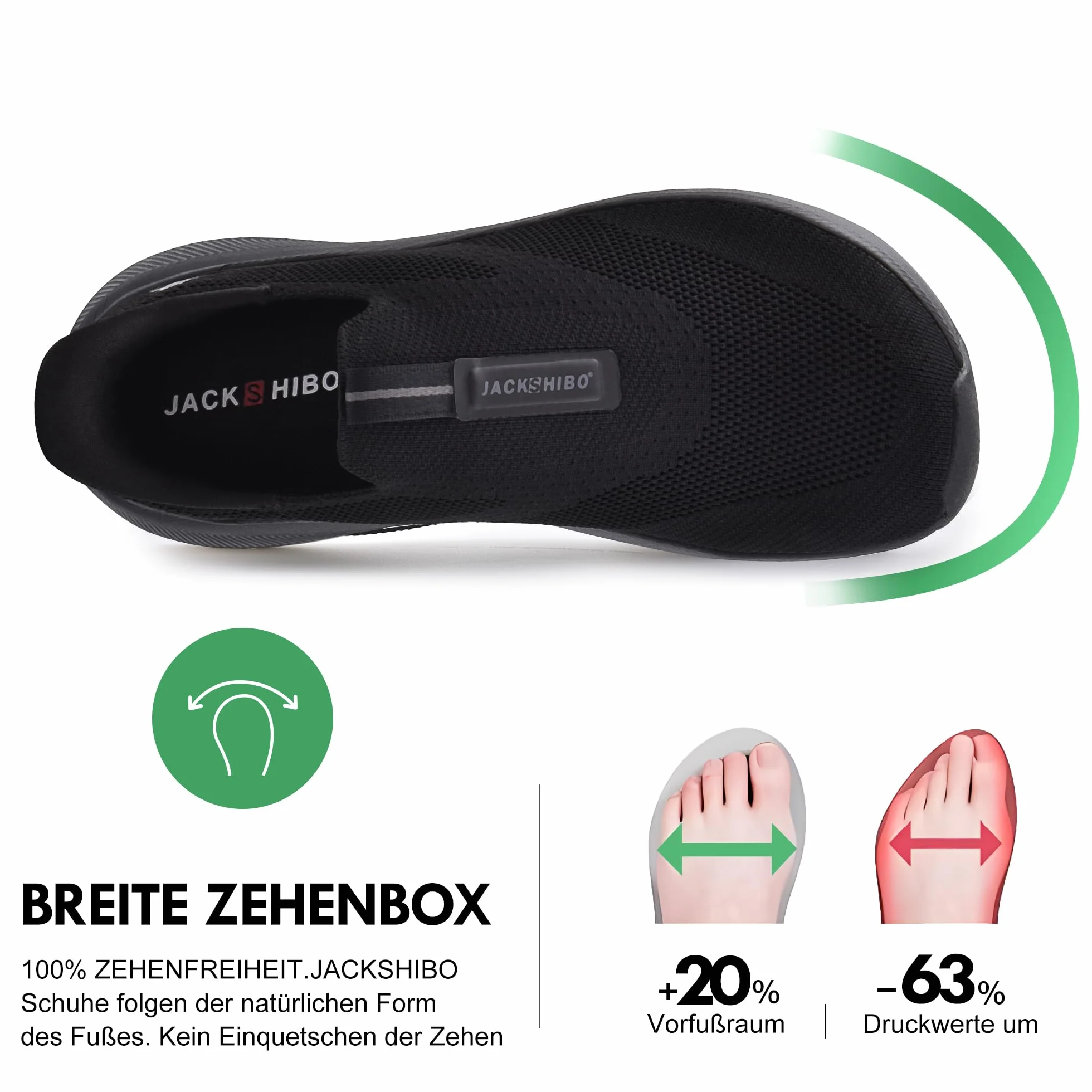 JACKSHIBO Slip on Sneakers Orthopädische Schuhe Memory Foam Walking Schuhe mit weite Zehenbox Nullabsatz Sohlen, Negro, 45 EU