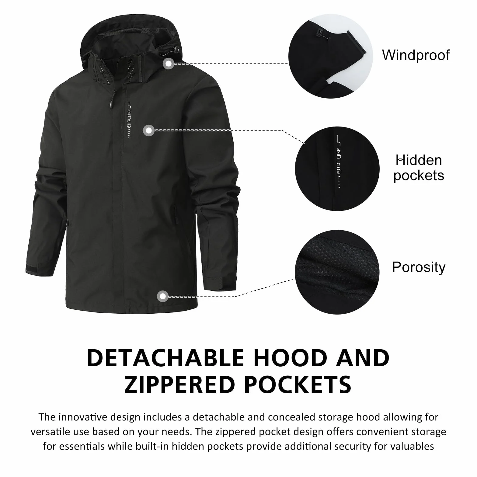 Chaqueta Impermeable Hombre Aire Libre Ligera Caminar Prueba Viento Deportiva Capucha Mountain